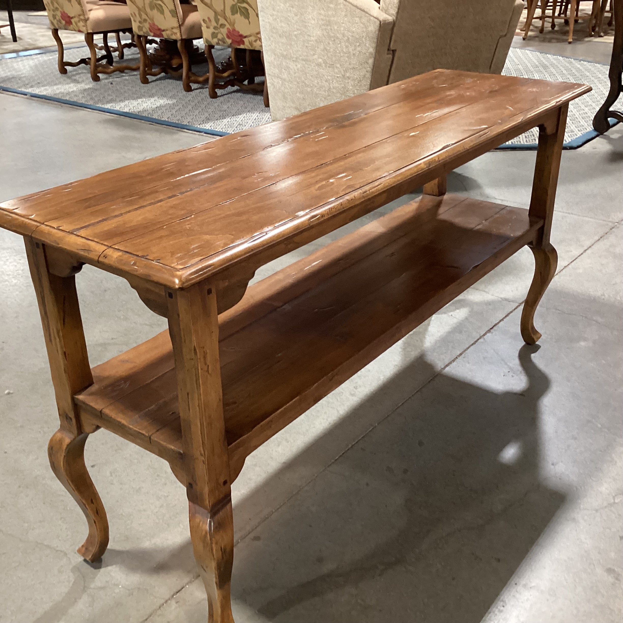 Ethan Allen Distressed Carved Wood 2 Tiered Console Sofa Table 54"x 17"x 28"