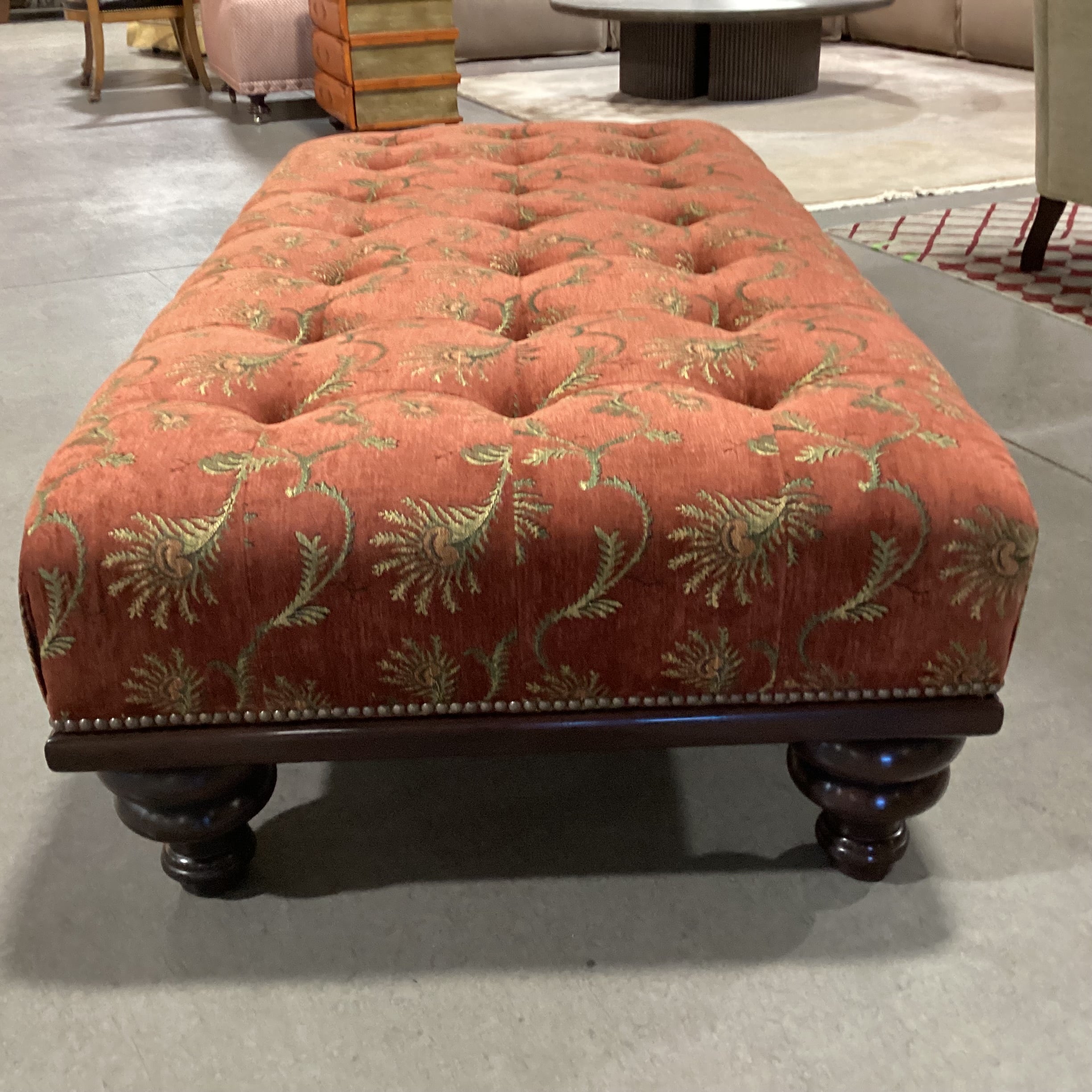 JJ Custom Rust with Gold Floral Woven Tufted Nailhead & Carved Wood Bench Ottoman 61"x 31"x 17.5"
