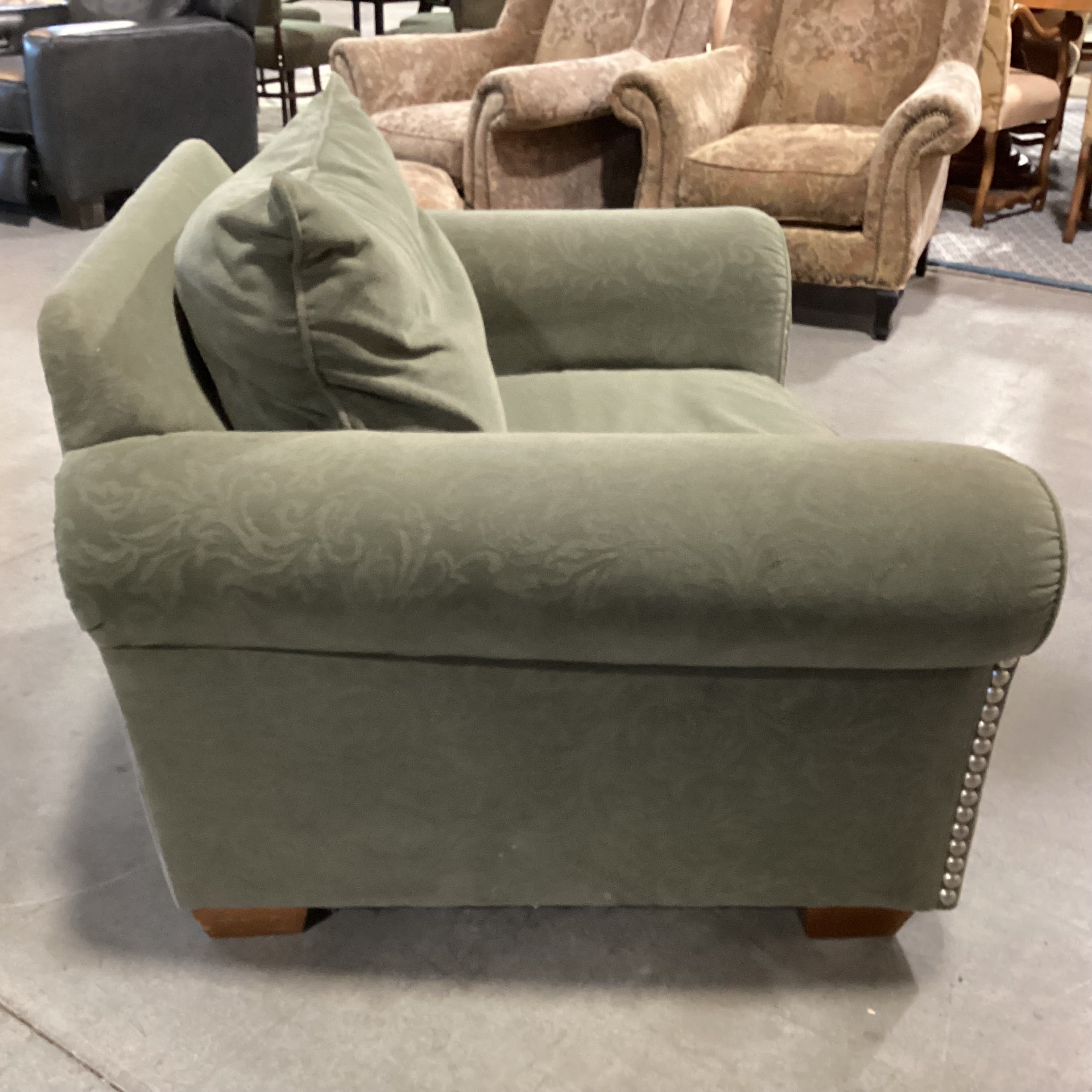 Sage Raised Scroll Floral & Nailhead Chair 50"x 39"x 30"