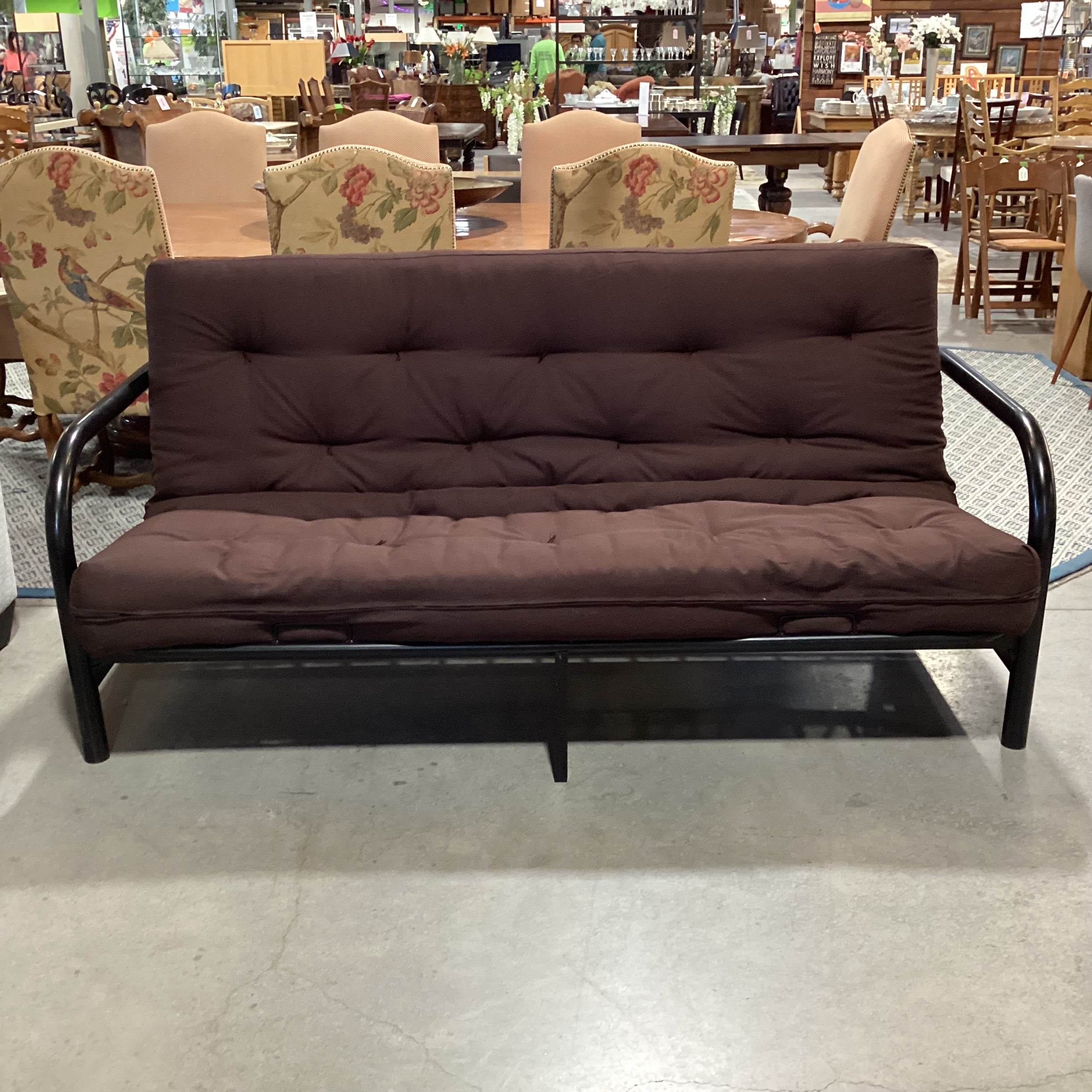 Black Metal Frame & Brown Cushion Futon Sofa 80"x 44" to 53"x 35"