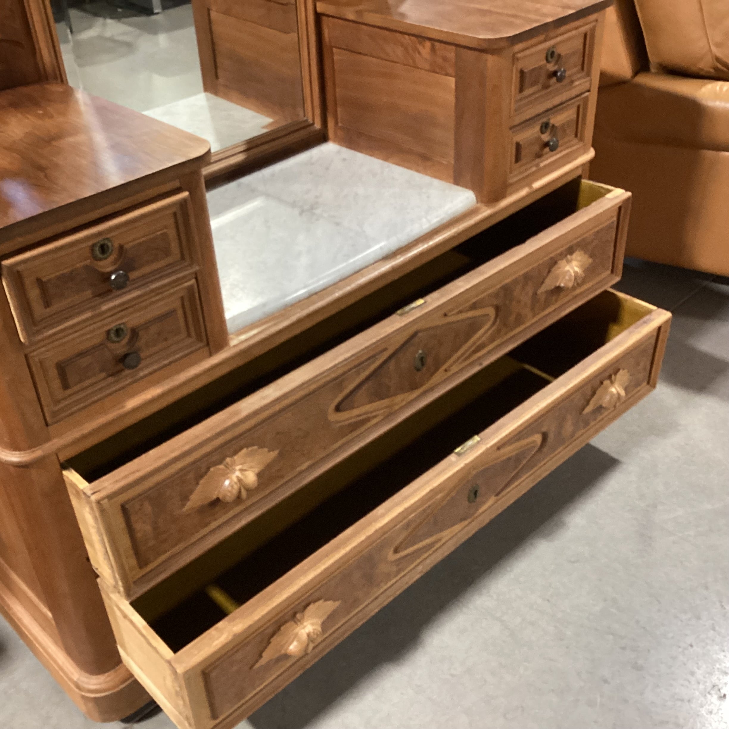 Antique Carved Wood with Mirror 4 Drawer & Marble Top Center Vanity Chest Dresser 52"x 20"x 87"