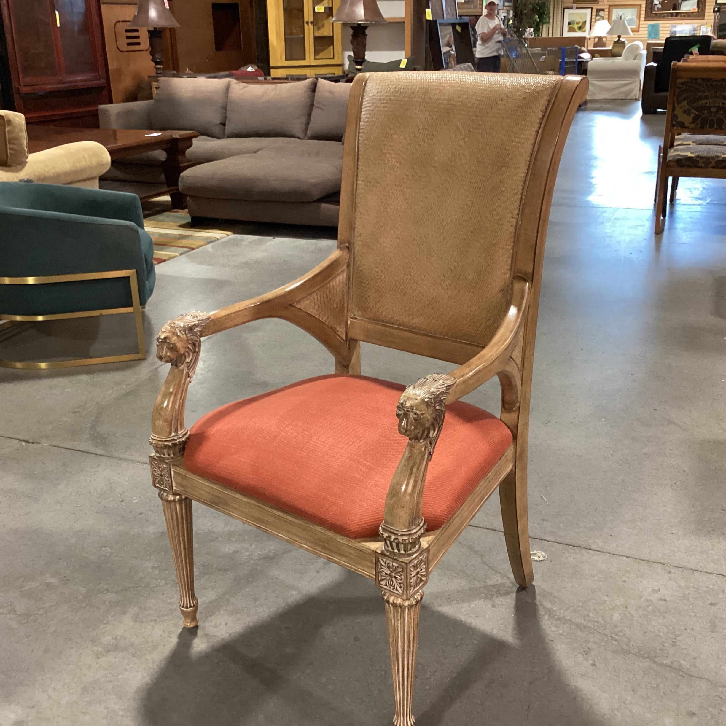 Carved Lionshead Antiqued Finish Wood Woven Leather & Burnt Orange Linen Chair 26"x 26"x 44"