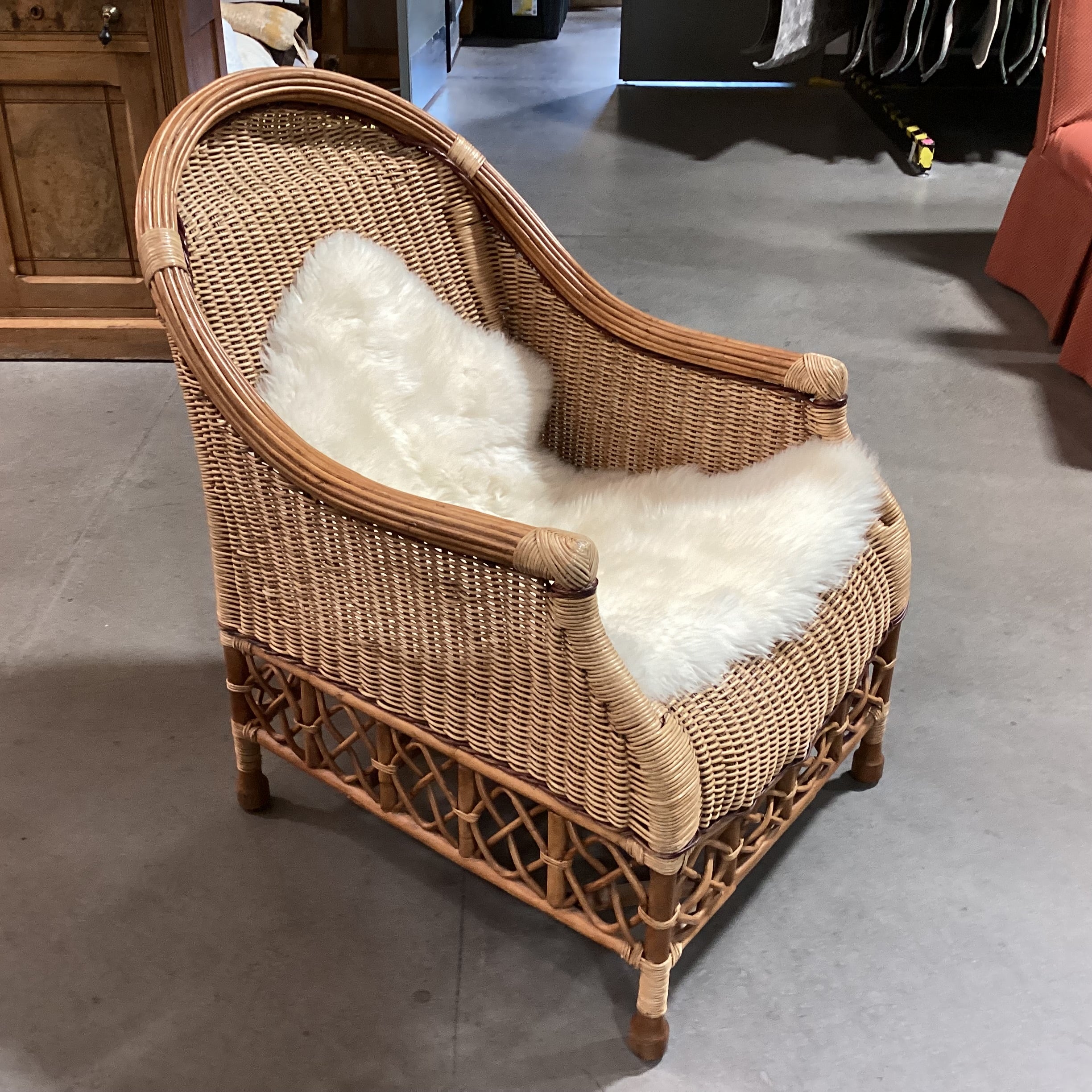Palecek Wicker with Sheepskin Chair 26"x 36"x 39"