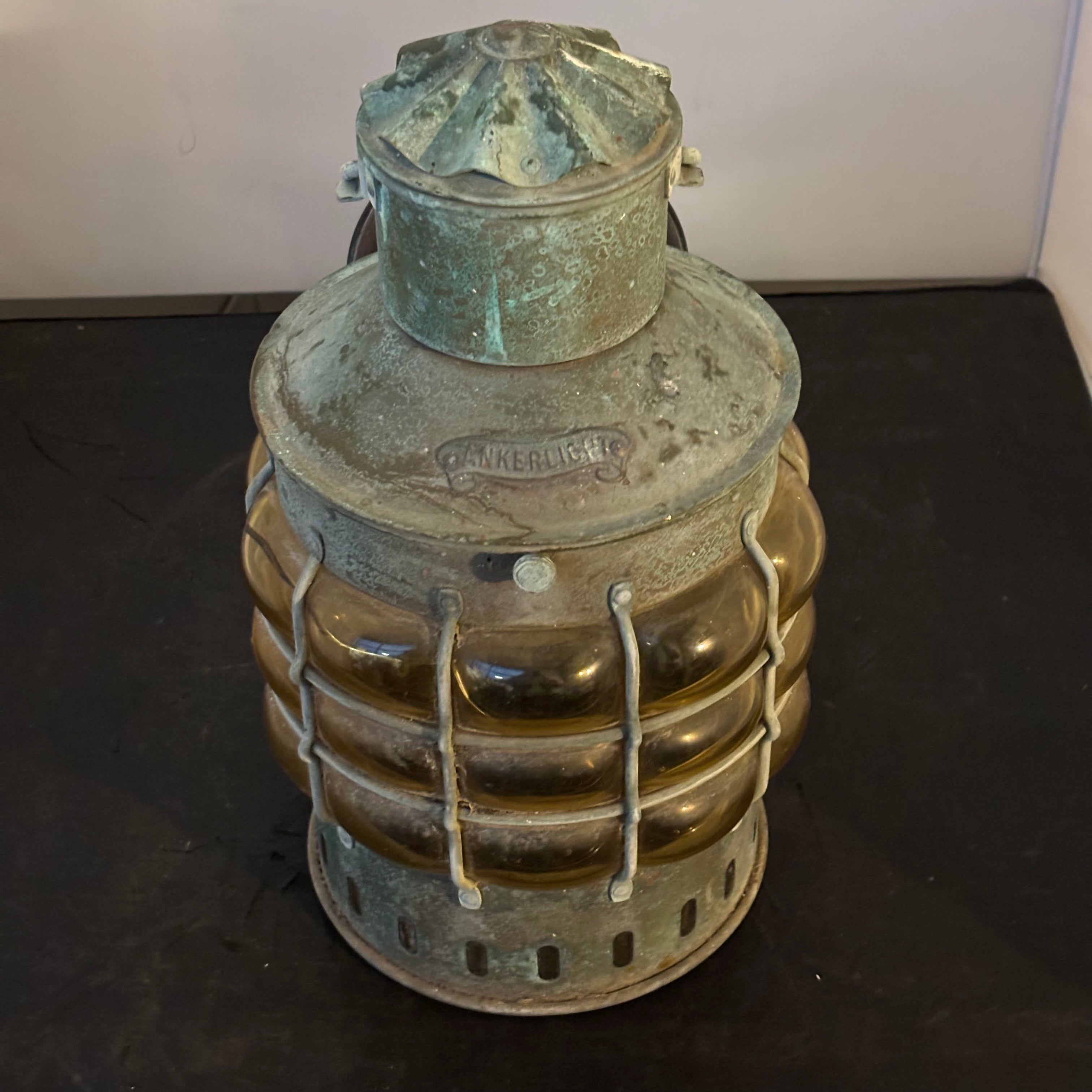 Vintage Ankerlicht Amber Bubble Glass Copper Ship's Lantern, 9" x 14"