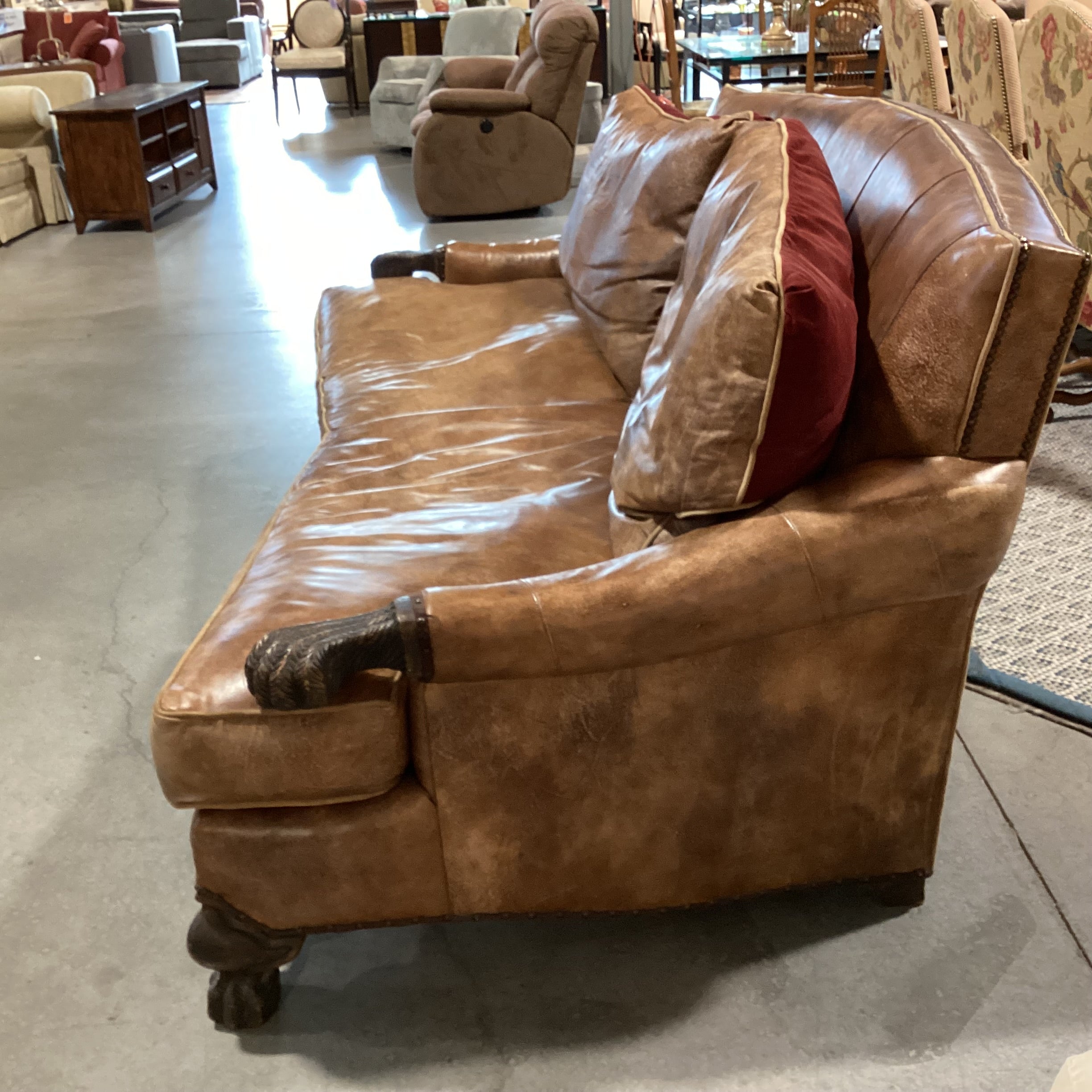 Carol Hicks Bolton & E J Victor Distressed Leather with Reversible Burgundy Velvet Cushions Ornate Carved Wood Down Mix Sofa 92"x 46"x 40"
