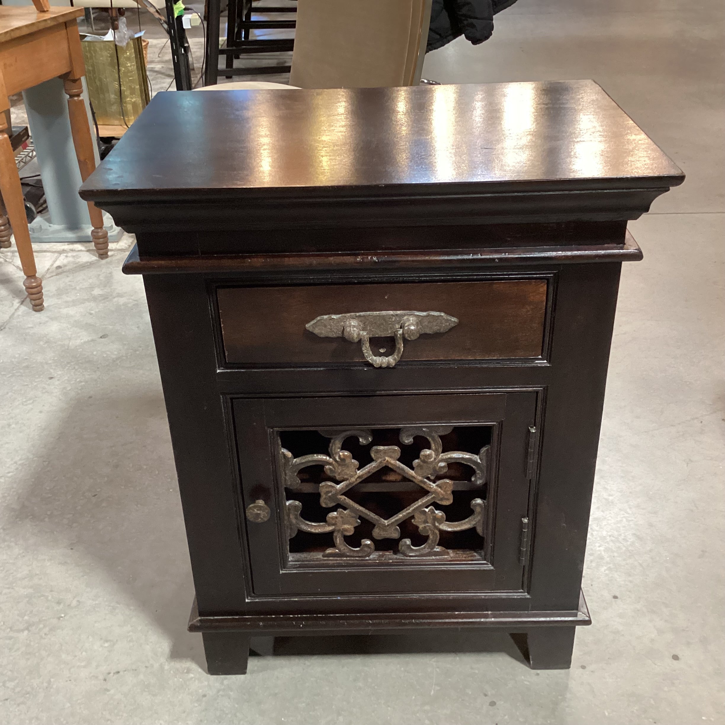 Dark Finish Solid Fruitwood & Iron Detail 1 Door 1 Drawer Nightstand 24"x 16"x 30"
