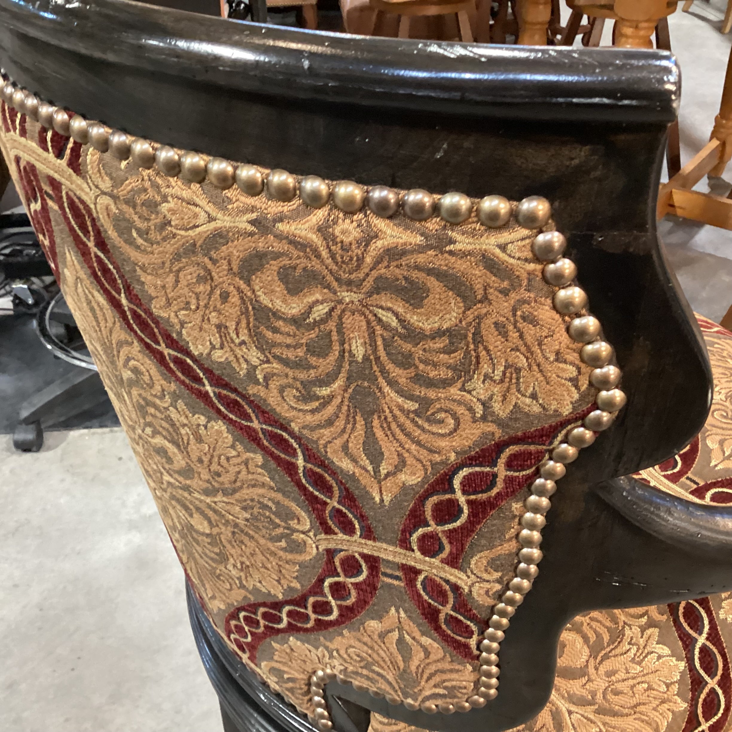 Ferguson Copeland Dark Distressed Carved Wood with Gold & Claret Upholstered Nailhead Swivel Barstool 31"