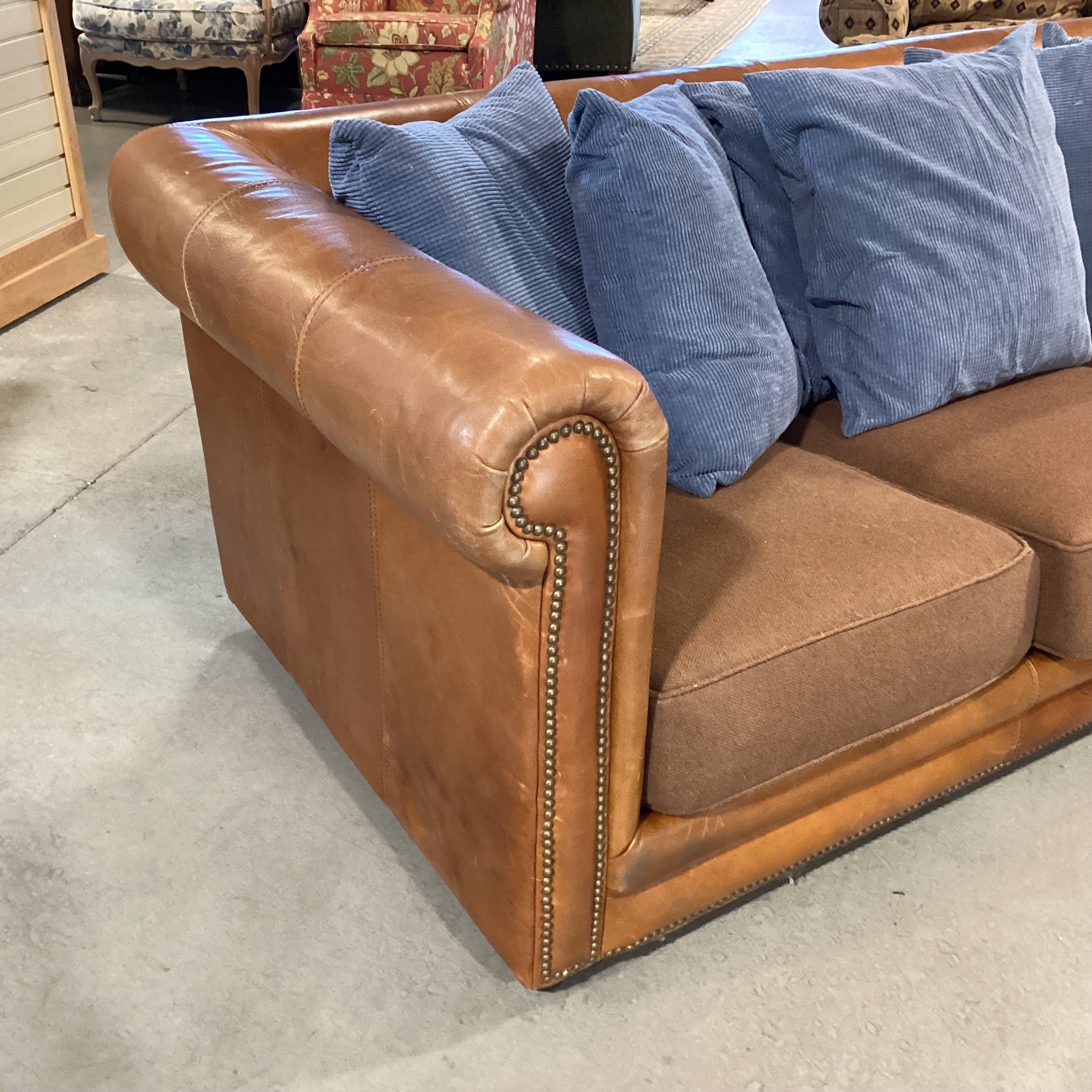 Bassett John Elway Home Collection Leather Roll Arm Nailhead & Upholstery Seat & Back Pillows Sofa 87"x 42"x 30"