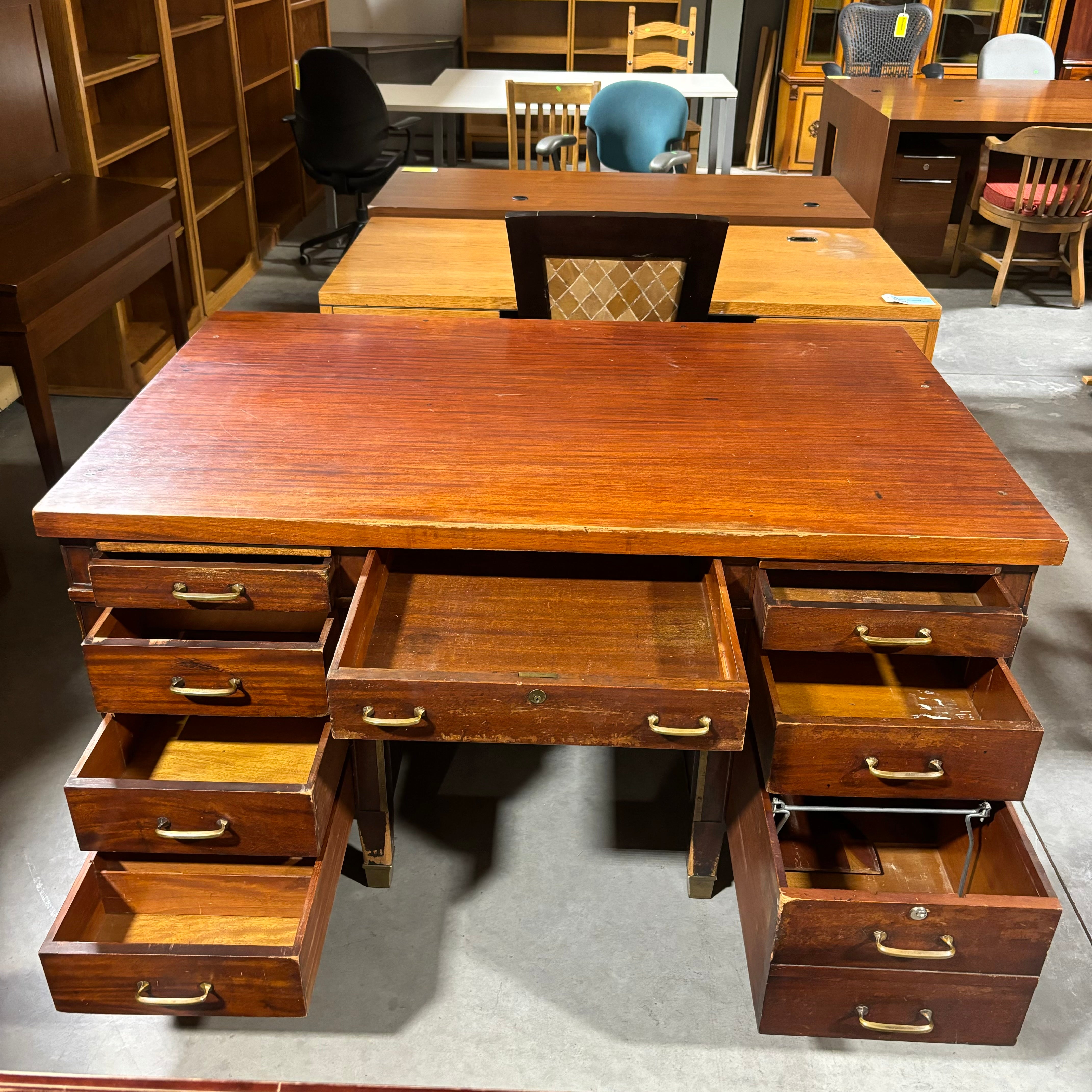 Doten Dunton Desk Co Antique Red Brown Finish Solid Wood 9 Drawer & 2 Pullout Surfaces Desk 60"x 38"x 31"