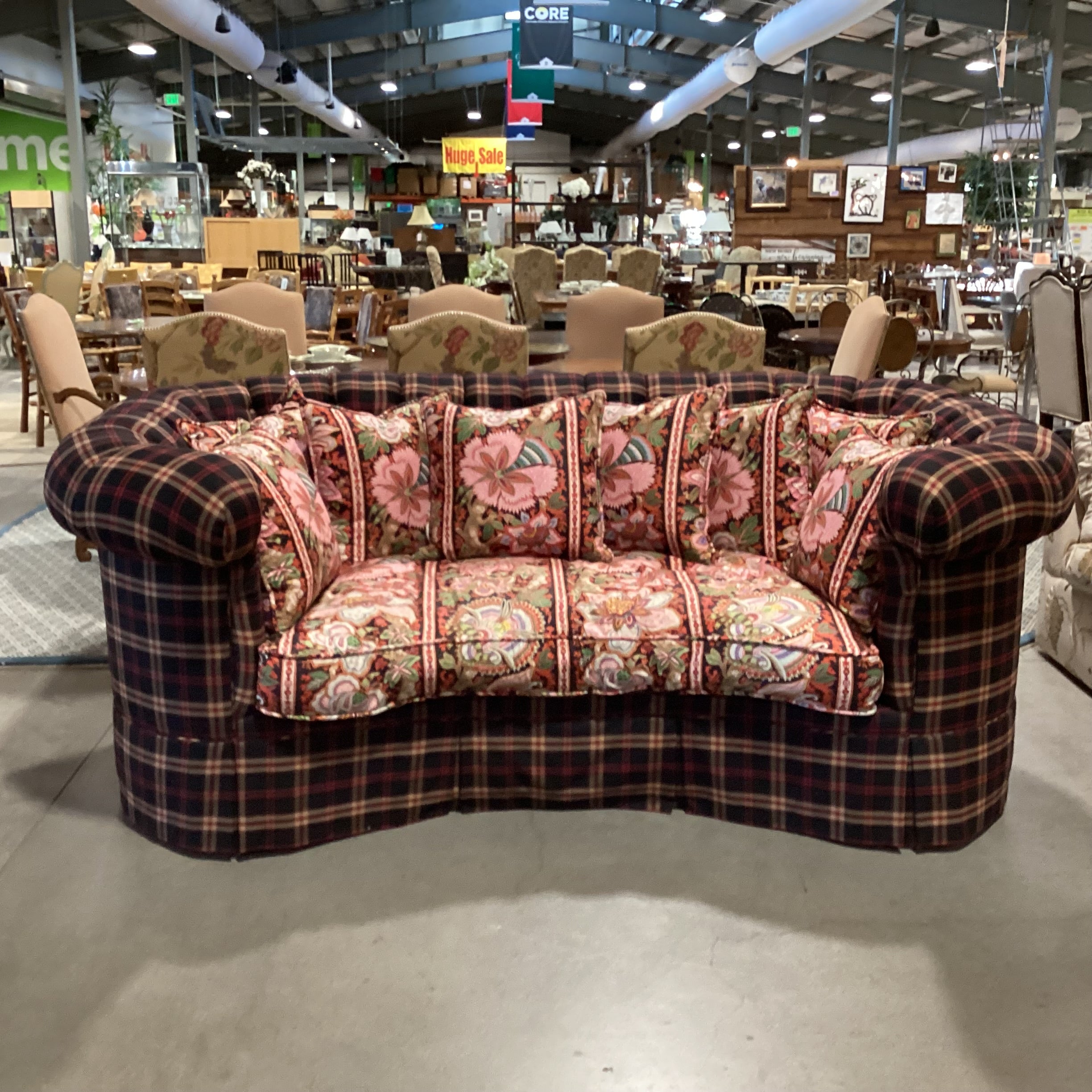 Custom Black Red Tan Plaid Button Tufted with Pink Ornate Floral Cushion & Pillows Down Mix Sofa 100"x 58"x 40"