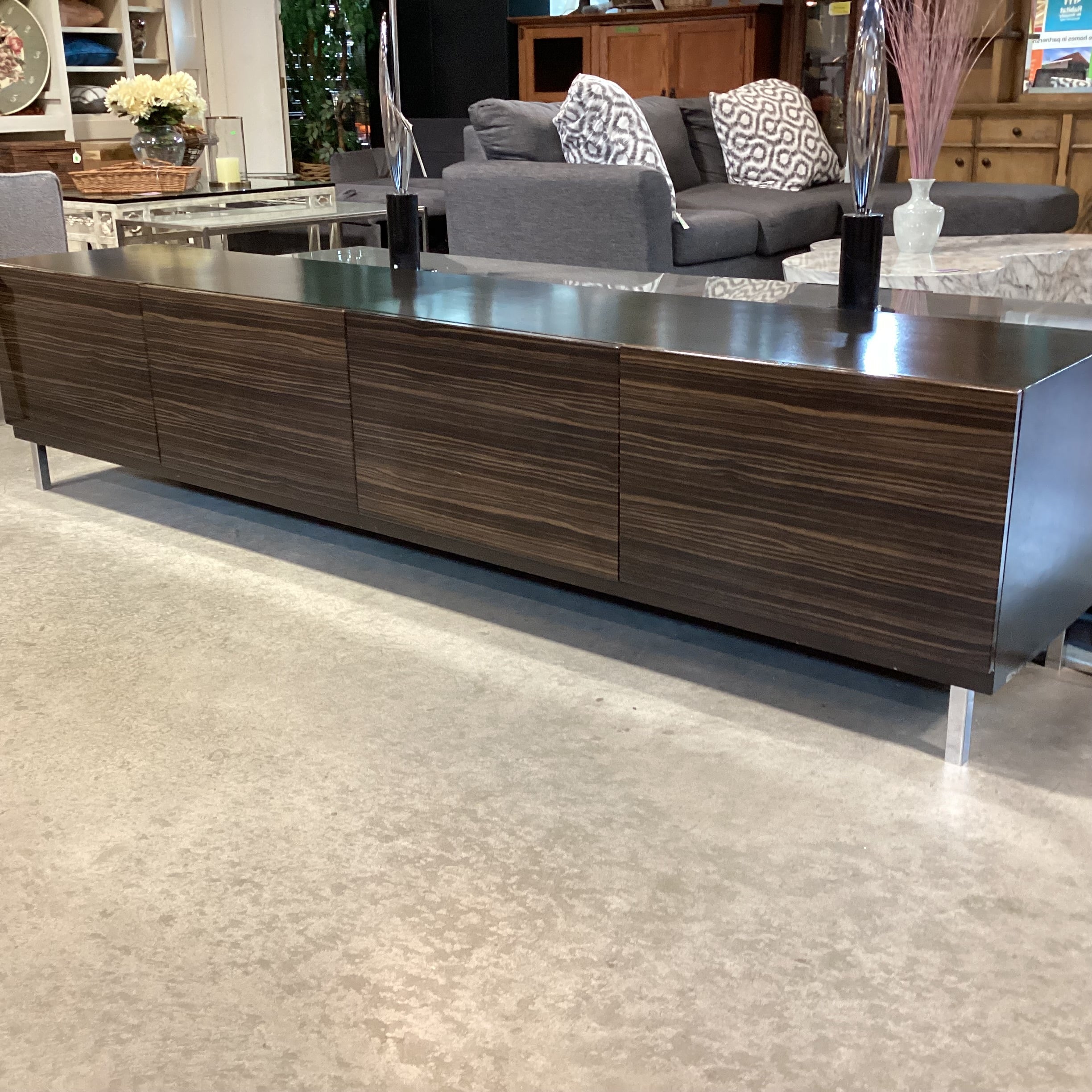Modern Lacquered Macassar Ebony Veneer 4 Door Console Credenza 94"x 18.5"x 21.5"