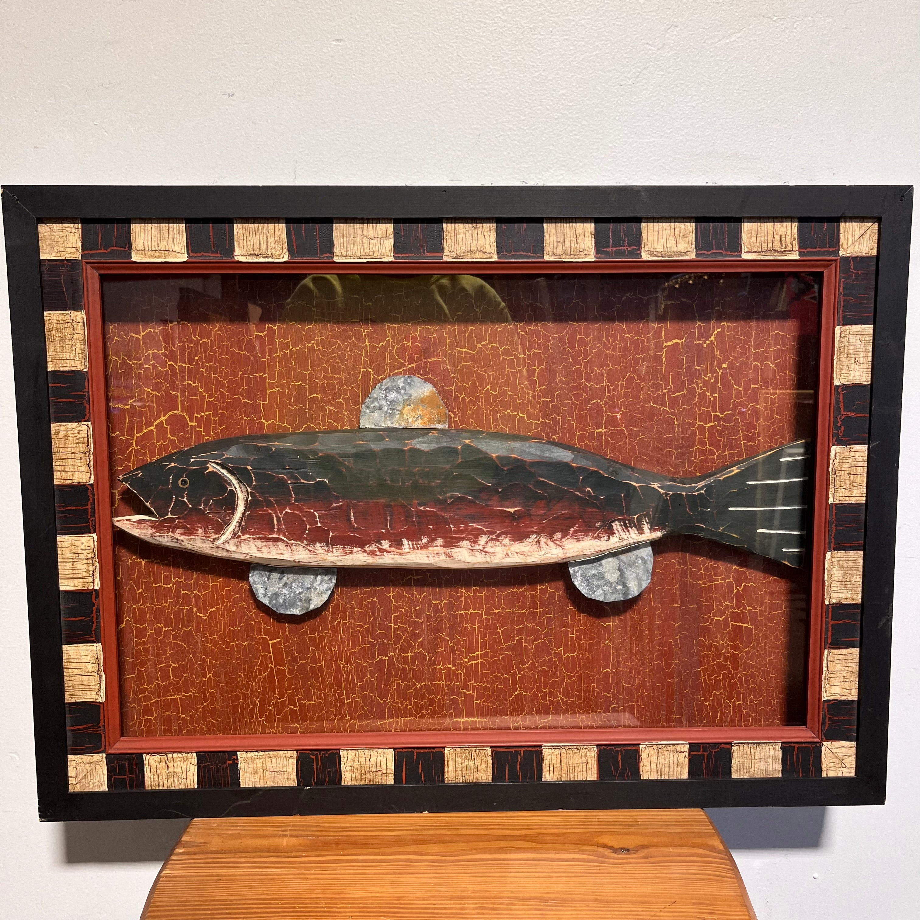 "Hanging Fish" Hand Carved and Painted Framed Wall Sculpture 28.75"x 21"x 3"