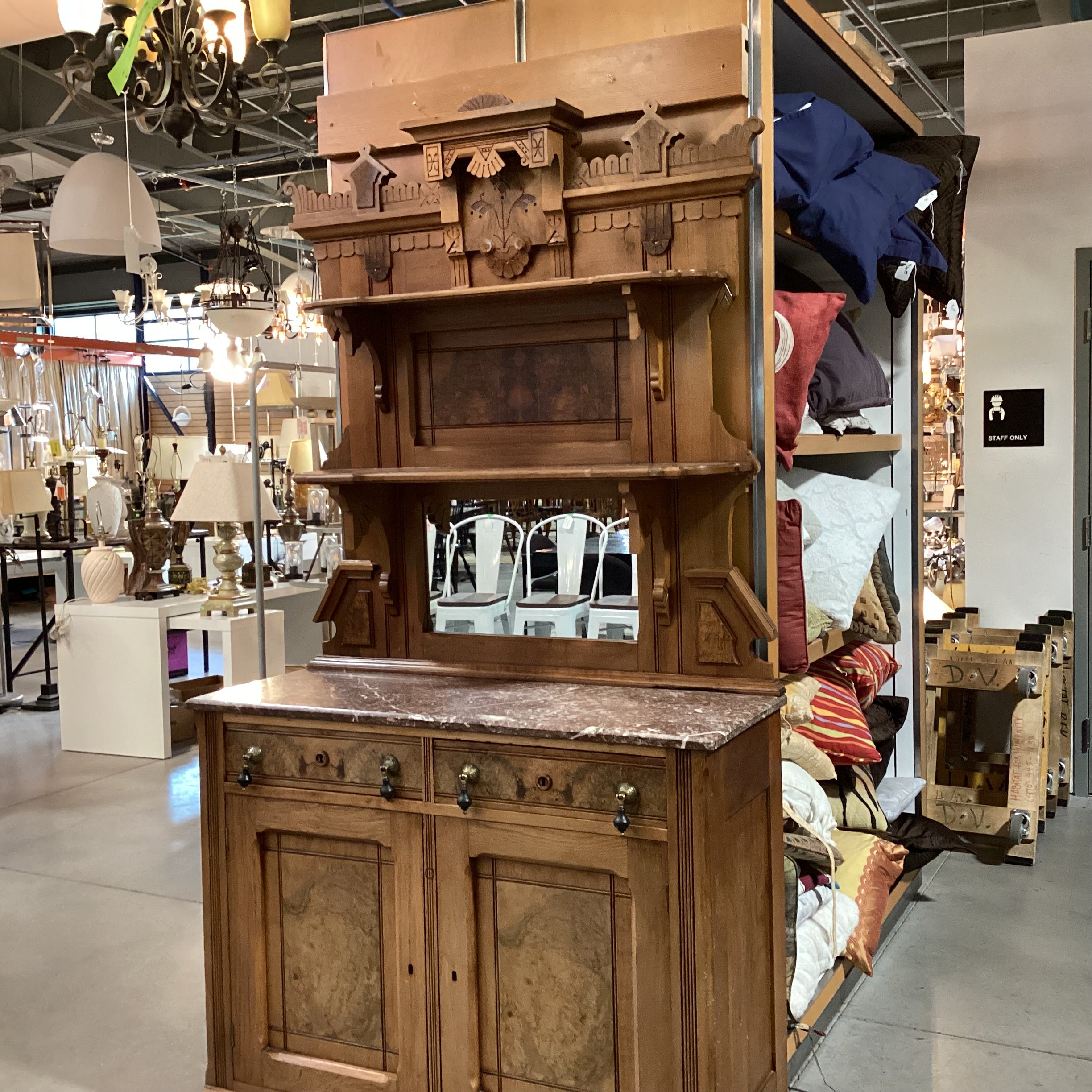Antique Eastlake Style Carved Wood & Burl Veneer Marble Top with Mirror & Shelves 2 Piece Sideboard 46"x 19"x 85"