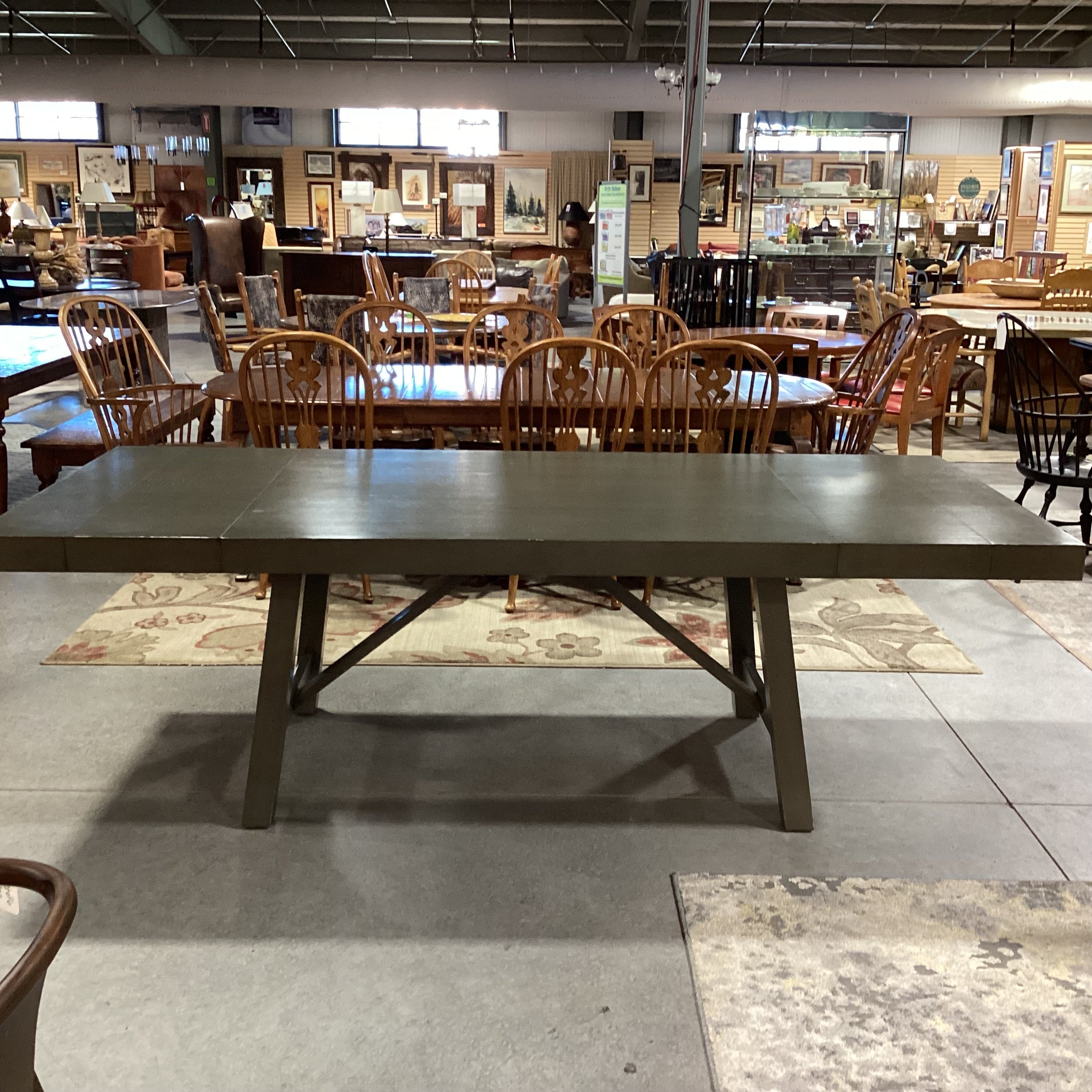 Standard Furniture Grey Finish Trestle & 2 End Leaves Dining Table 95"x 42"x 30"