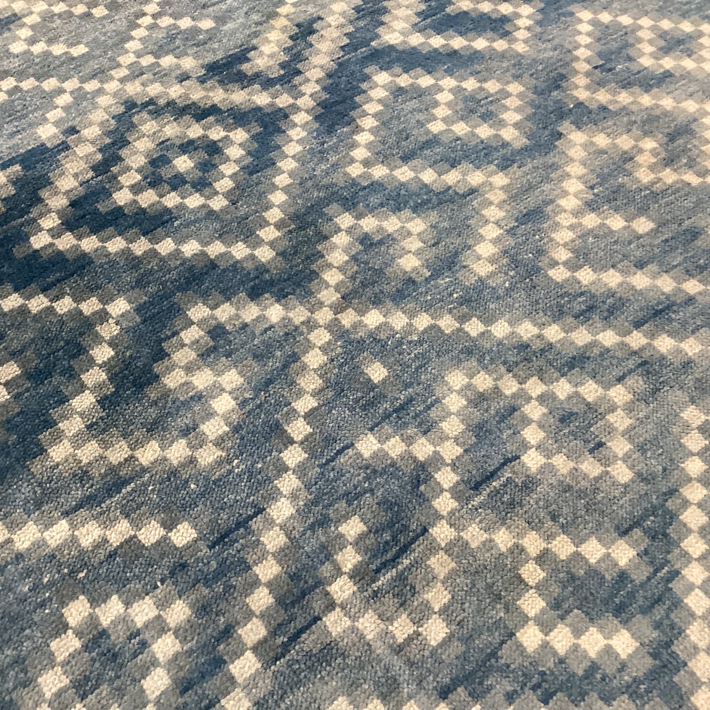 Blue & Ivory Diamond Pattern Hand Woven Wool Rug 9"1"x 9'7"