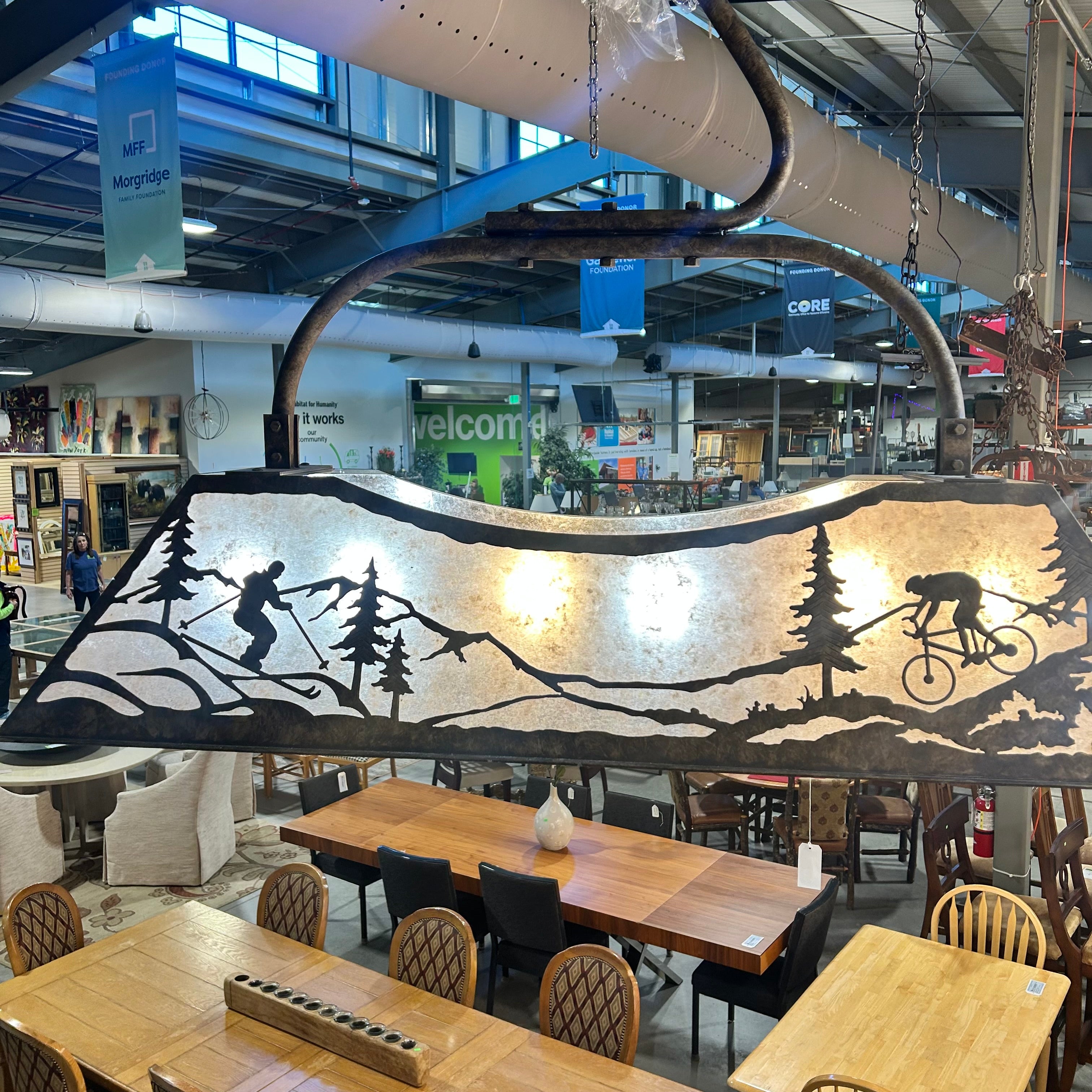 One Of A Kind Oblong Ski Chair Lift Mounting Arm Outdoor Them Mica And Steel Pendant Chandelier 60"x22"x 42"
