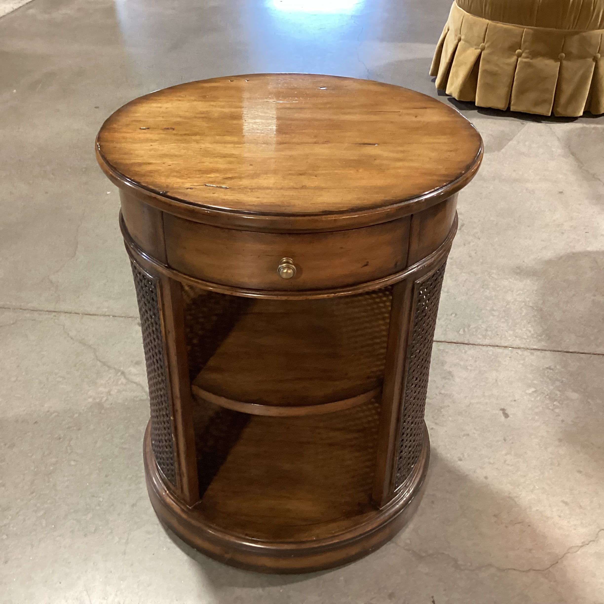 Round Finished Wood & Caning 1 Drawer with Shelves End Table 20" Diameter x 24"