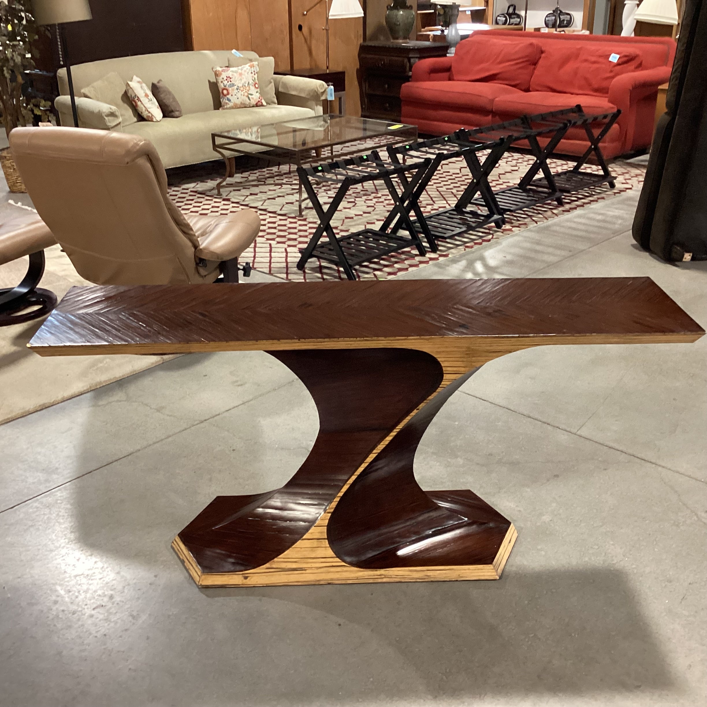 Artistic Sculpted 2 Tone Wood Chevron Detail Console Sofa Table 63.5"x 16"x 29"