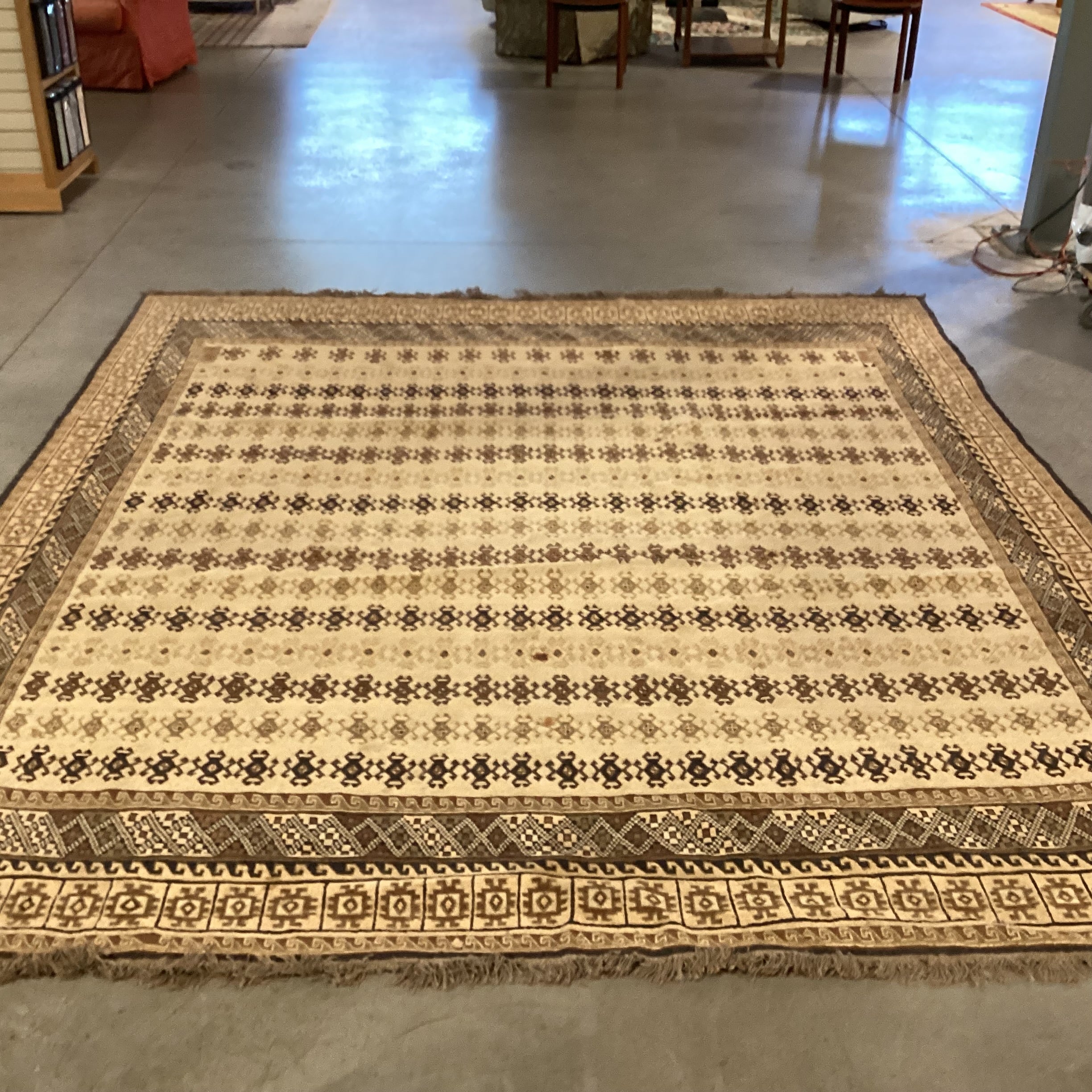 Vintage Tan & Brown Hand Woven Wool Rug 9'x 10'4"
