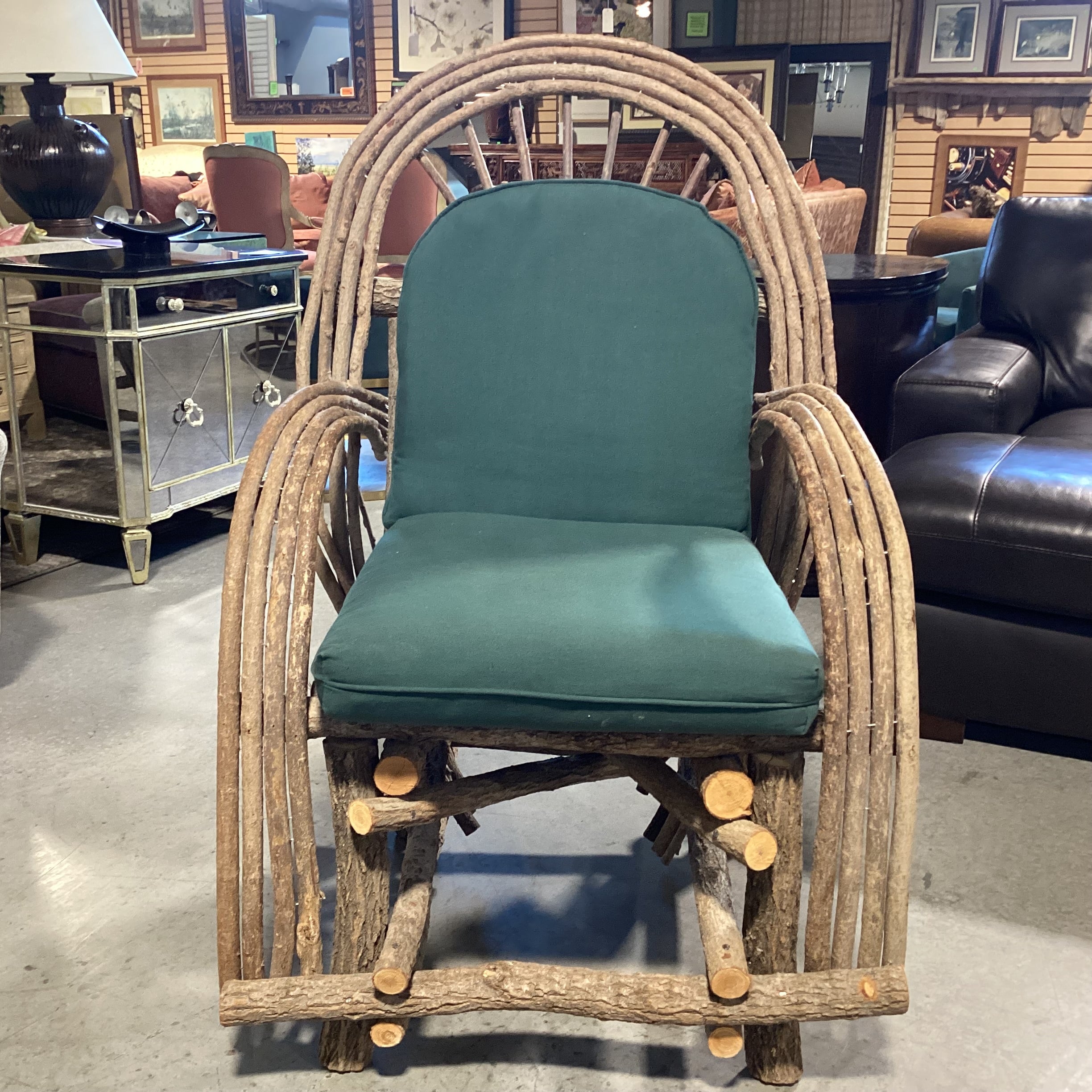 Log & Branch Arched & Rounded Arm with Green Cushions Chair 31"x 33"x 35"