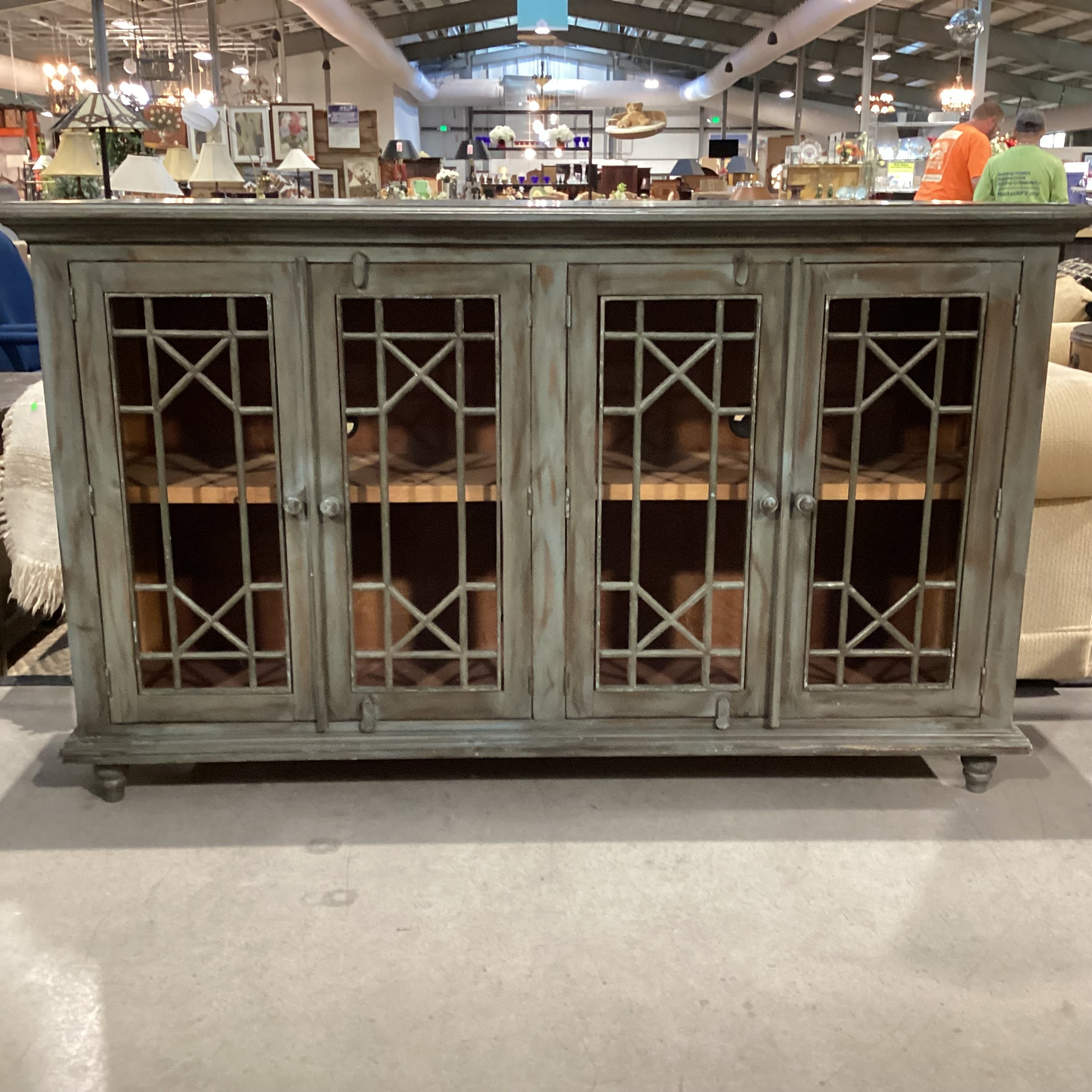 Green Washed Wood & Metal 4 Door with Shelves Console Credenza 71"x 18"x 42.5"