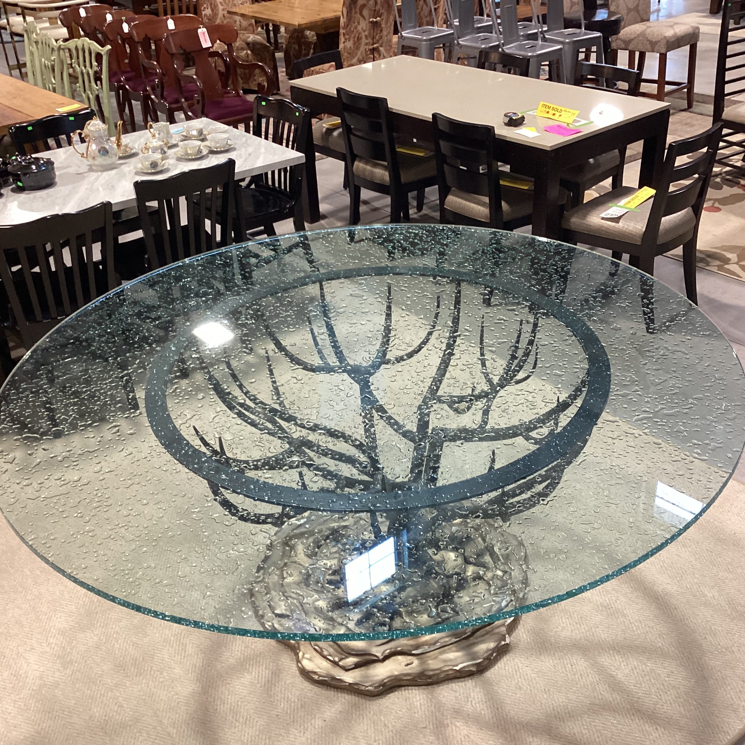 Custom Iron Tree Base with Round Bubbled Glass Dining Table 72" Diameter x 31"