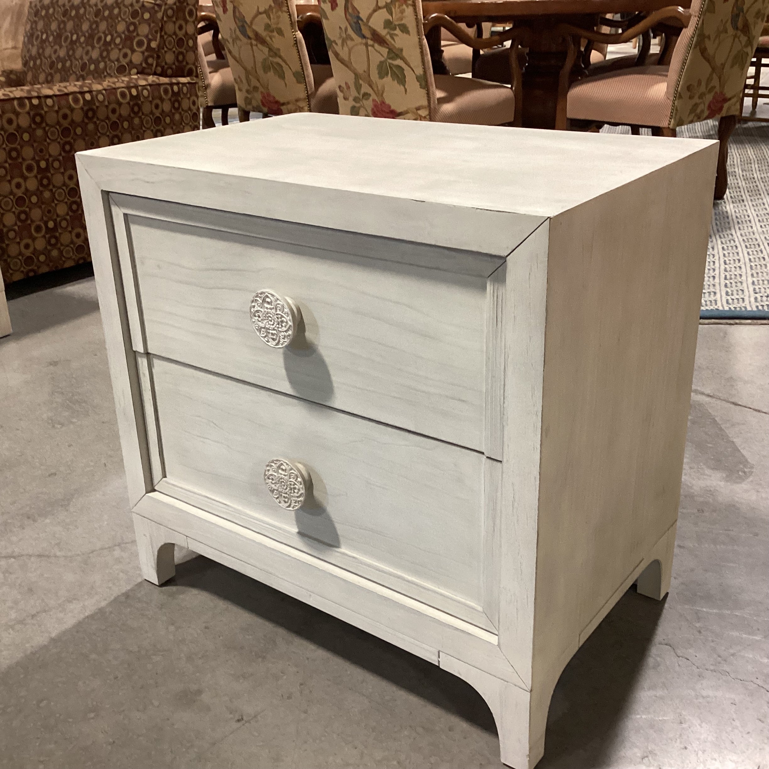 Bohemia White Washed Wood with Carved Mandala Pulls 2 Drawer Nightstand 28"x 18"x 27"