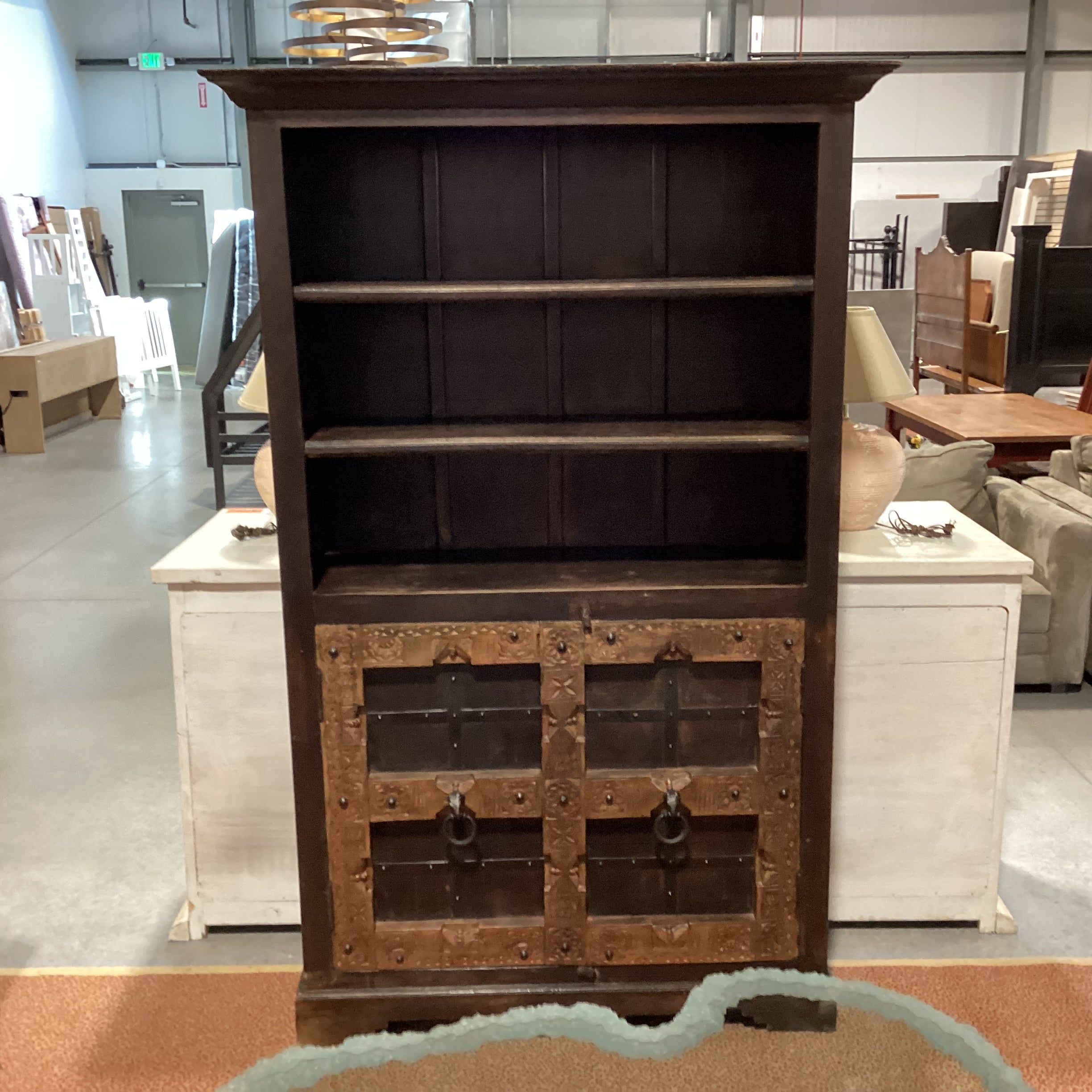 Solid Rustic 2 Tone Carved Wood with Iron Accent & Shelves Hutch 49"x 18"x 78.5"