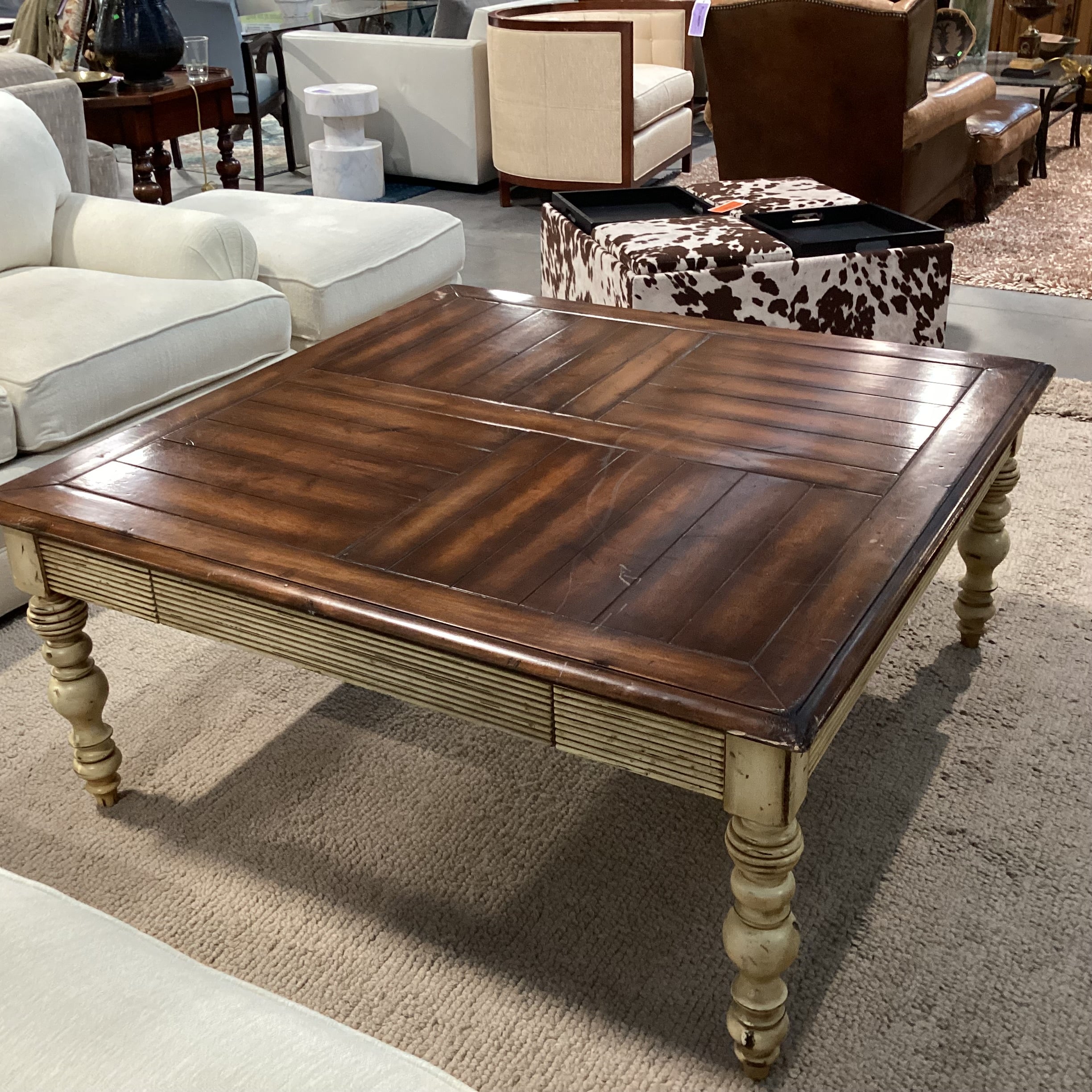 Antiqued Cream & Dark Finished Carved Wood 2 Drawer Coffee Table 48"x 48"x 21"