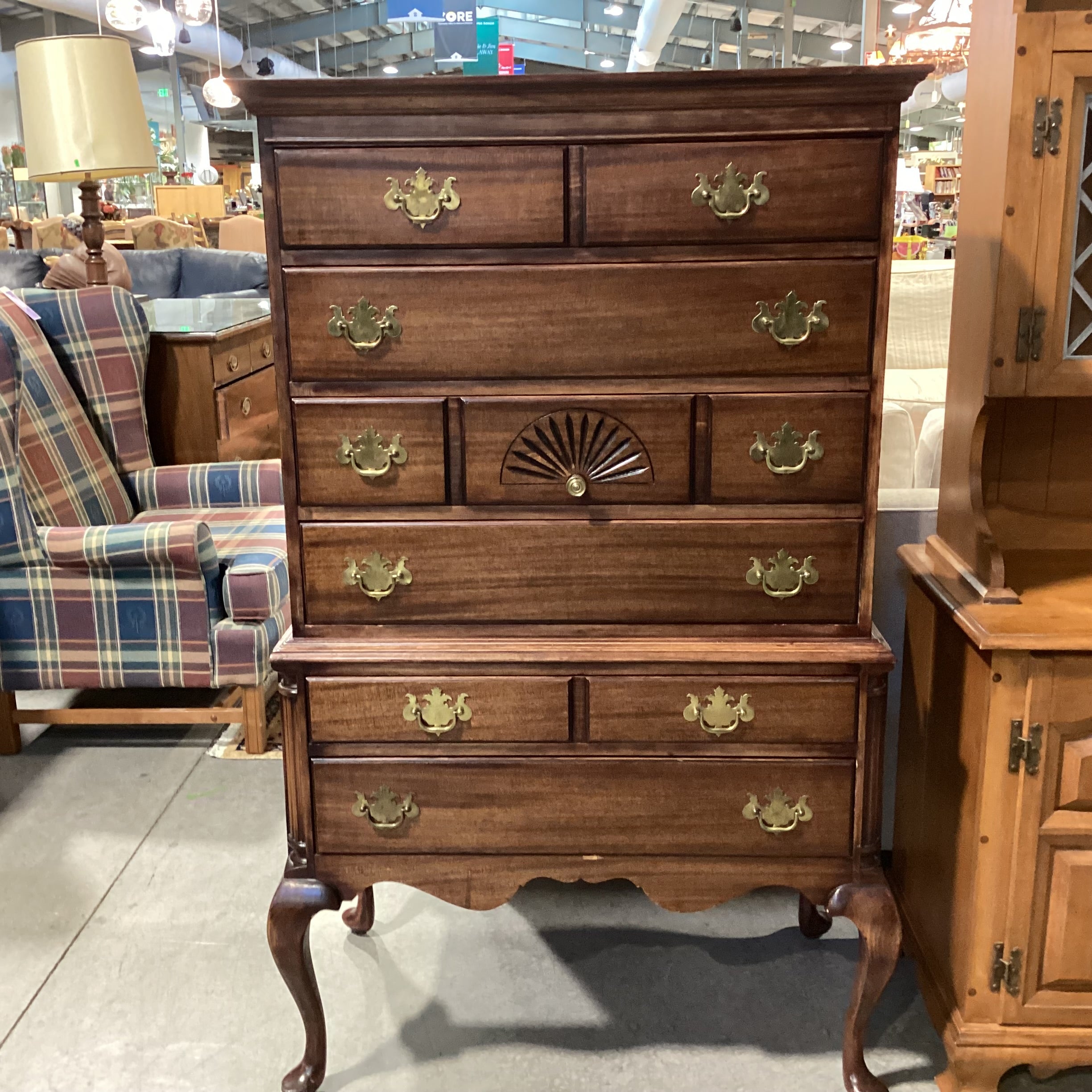 Vintage Antique Maddox Red Ribbon Mahogany 5 Drawer with Secretary Desk Pullout Chest Dresser 36"x 21"x 58"