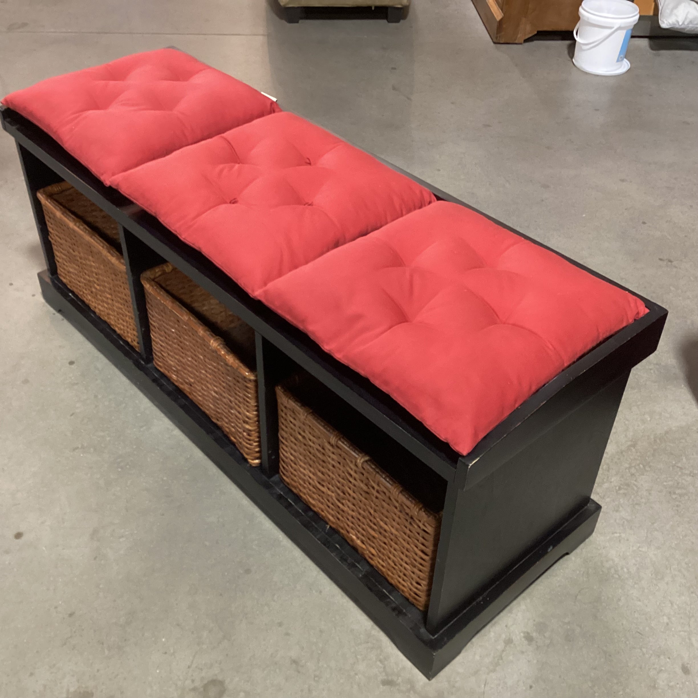 Pottery Barn Black Wood Red Cushions & 3 Baskets Storage Mudroom Bench 50"x 17"x 20"