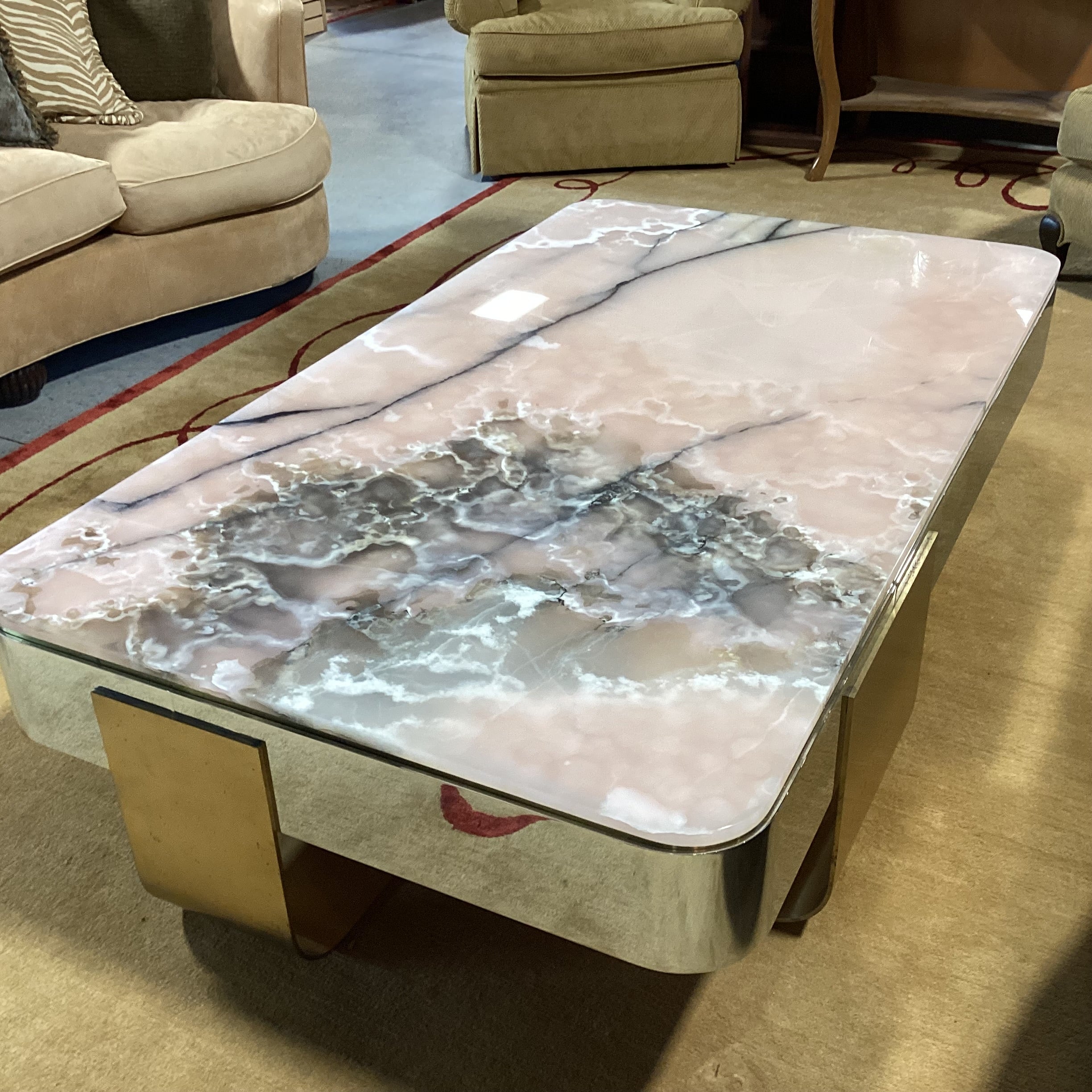 Lorin Marsh Ltd Kimono Pink Onyx Nickel Plate & Brass Custom Coffee Table 66"x 38"x 17"