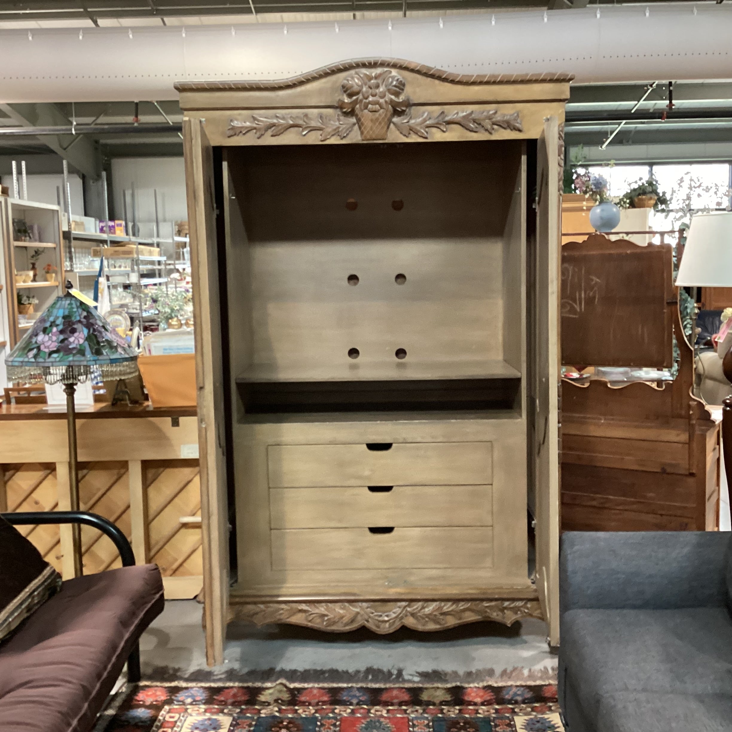 French Provincial Carved Wood with Light Washed Finish 2 Door 3 Drawer Armoire 60"x 26"x 93"