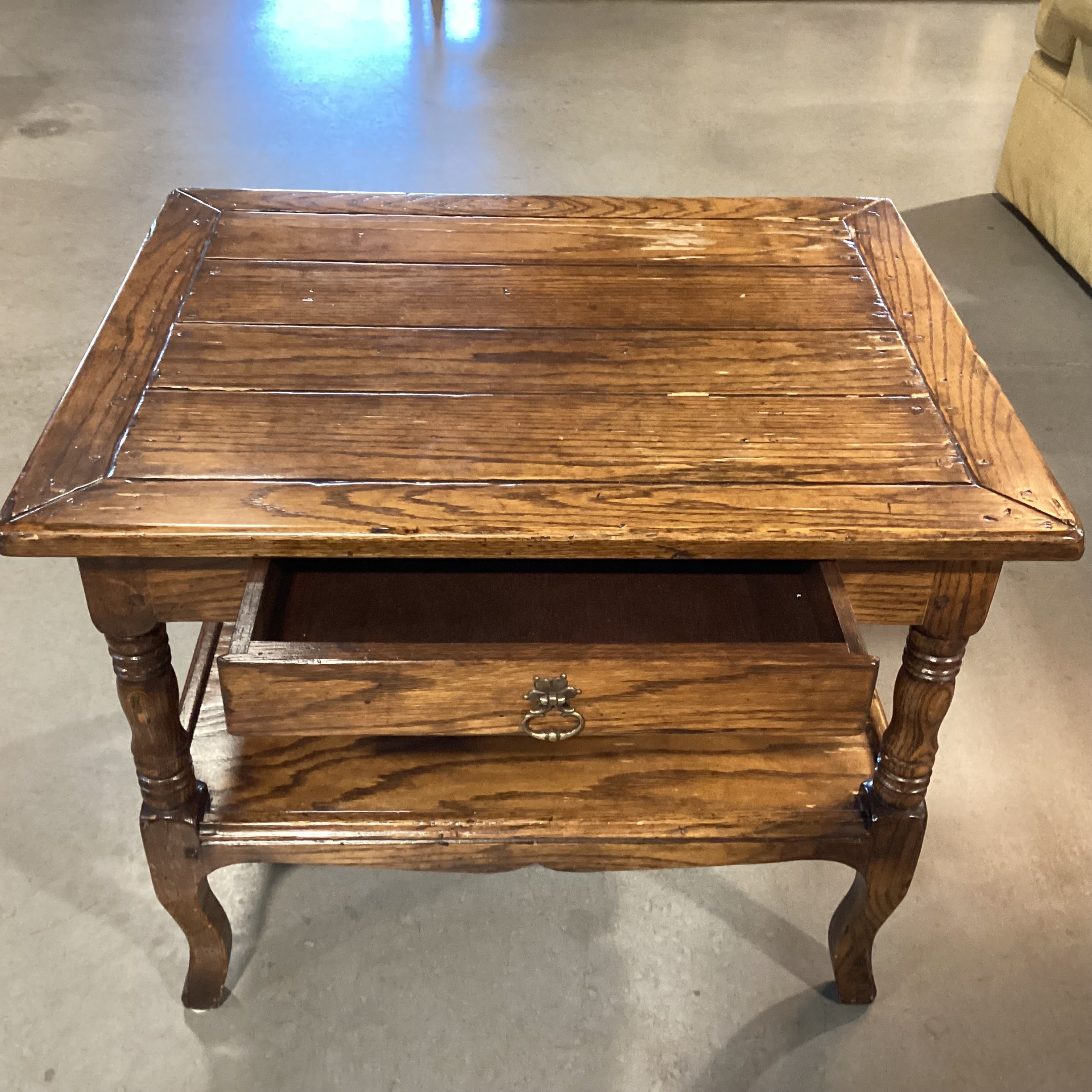 Distressed Finish Carved Oak 1 Drawer & Shelf End Table 30"x 24"x 24"