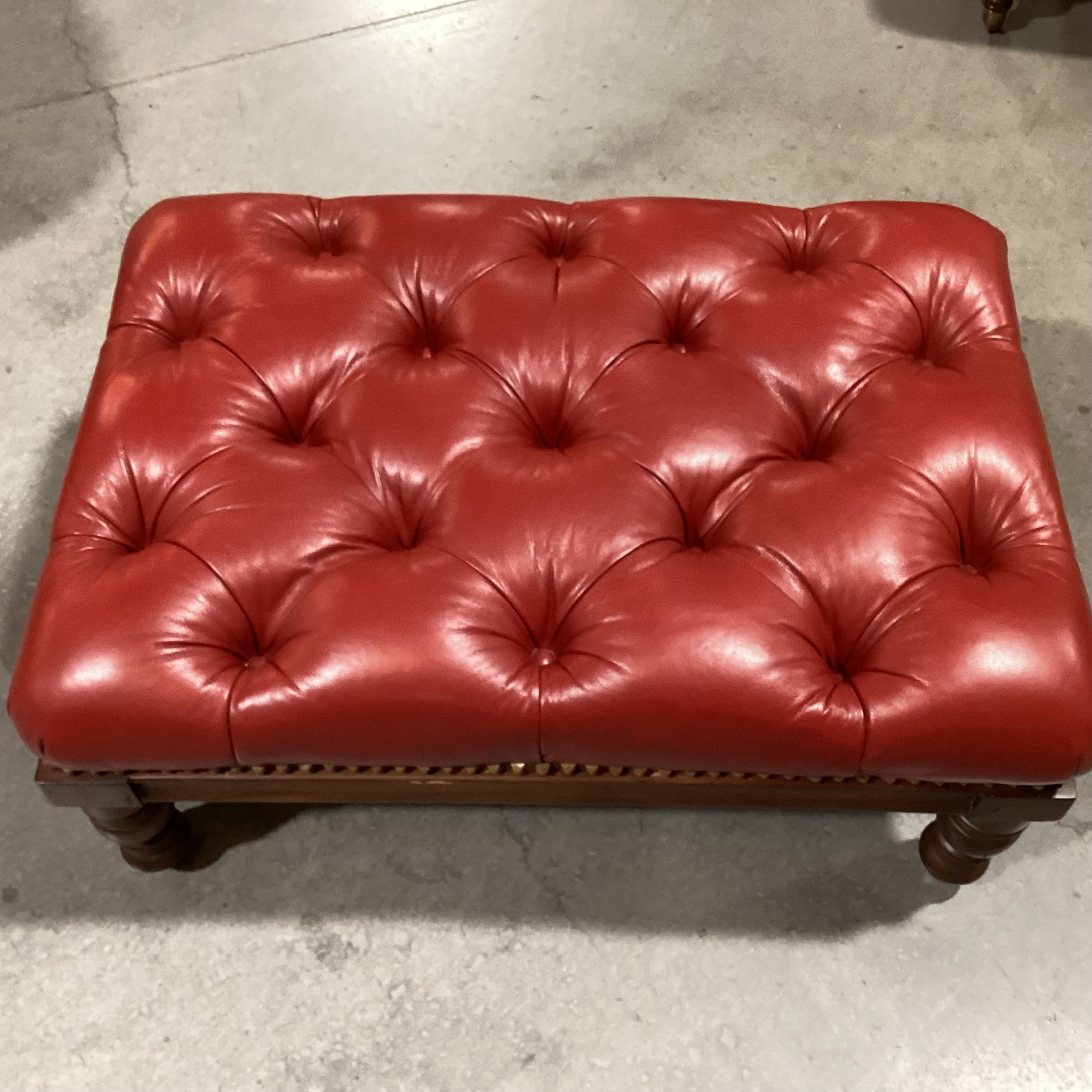 Pearson Furniture Red Leather Tufted & Carved Wood Ottoman 39"x 28"x 18"