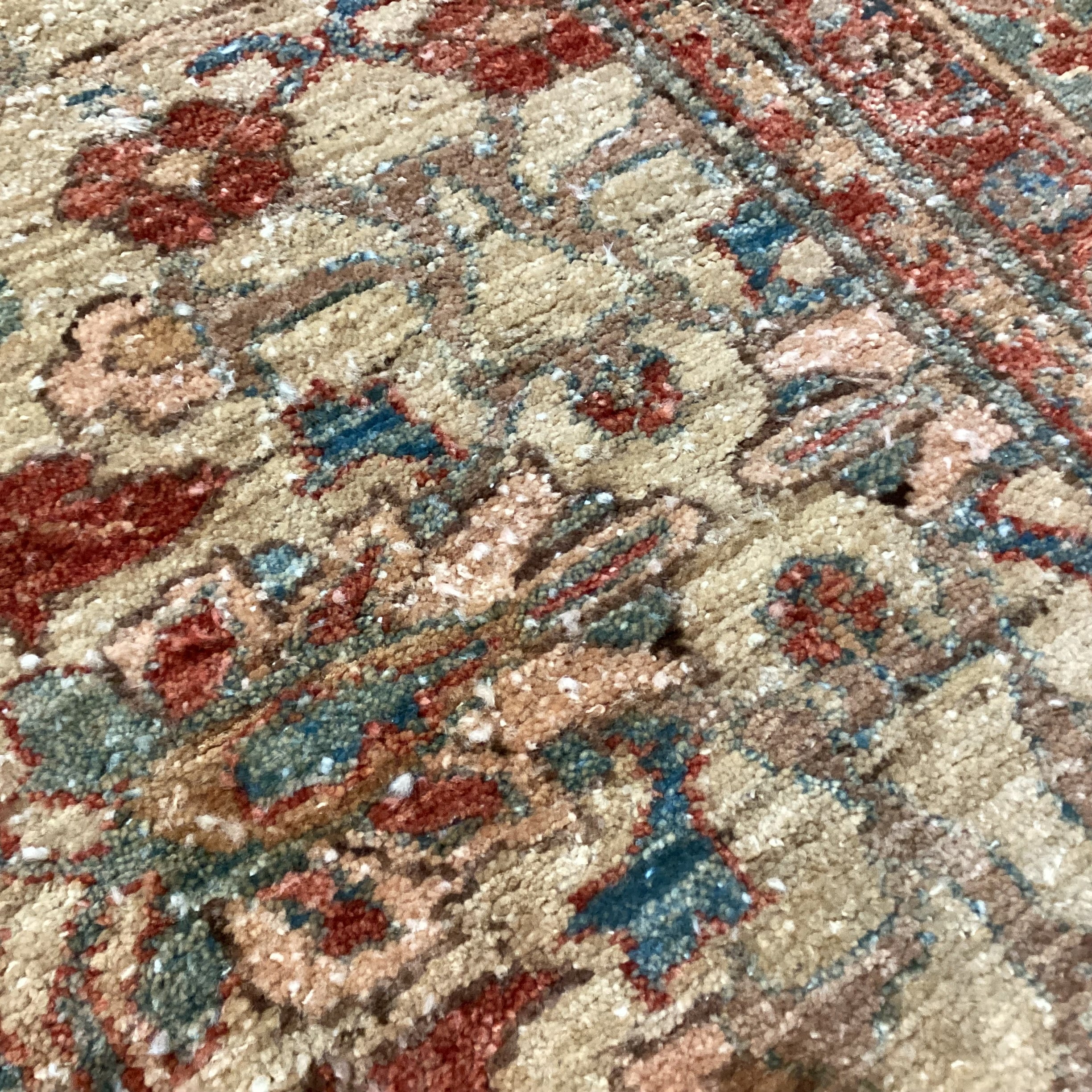 Golden Tan Rust & Blue Hand Woven Wool Rug 12'x 18'