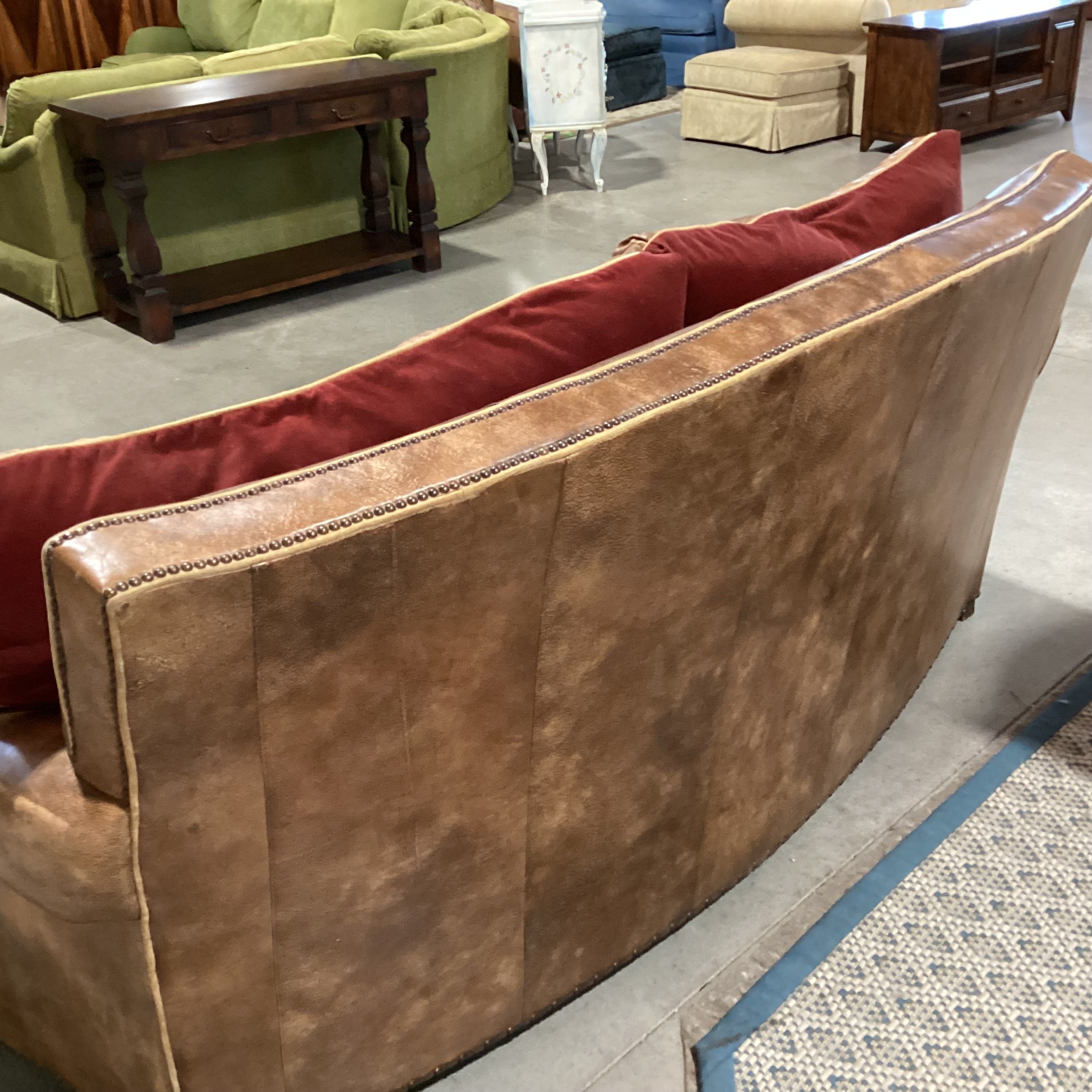 Carol Hicks Bolton & E J Victor Distressed Leather with Reversible Burgundy Velvet Cushions Ornate Carved Wood Down Mix Sofa 92"x 46"x 40"