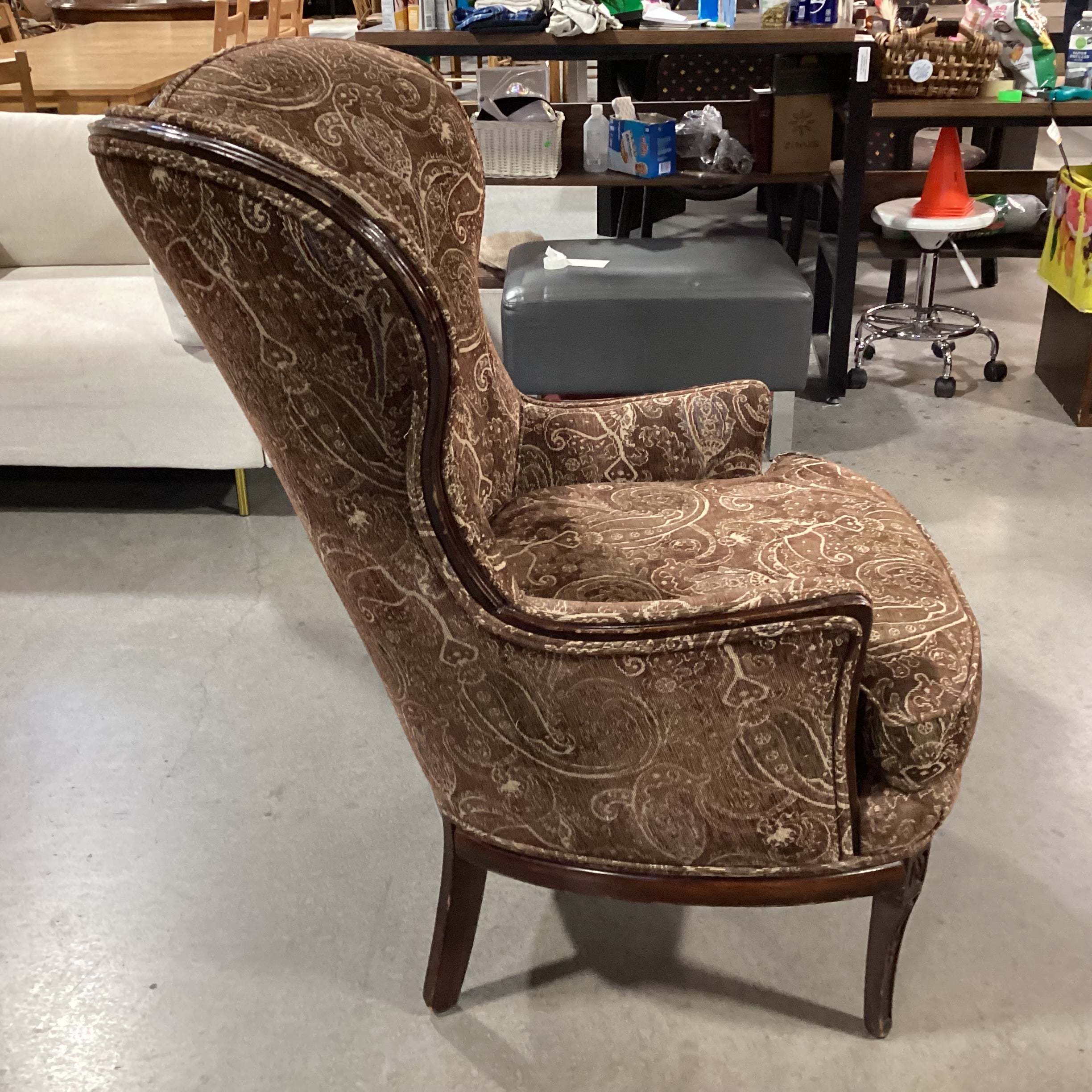 Vintage Brown Tones Paisley & Carved Wood Wing Chair 26"x 36"x 43"
