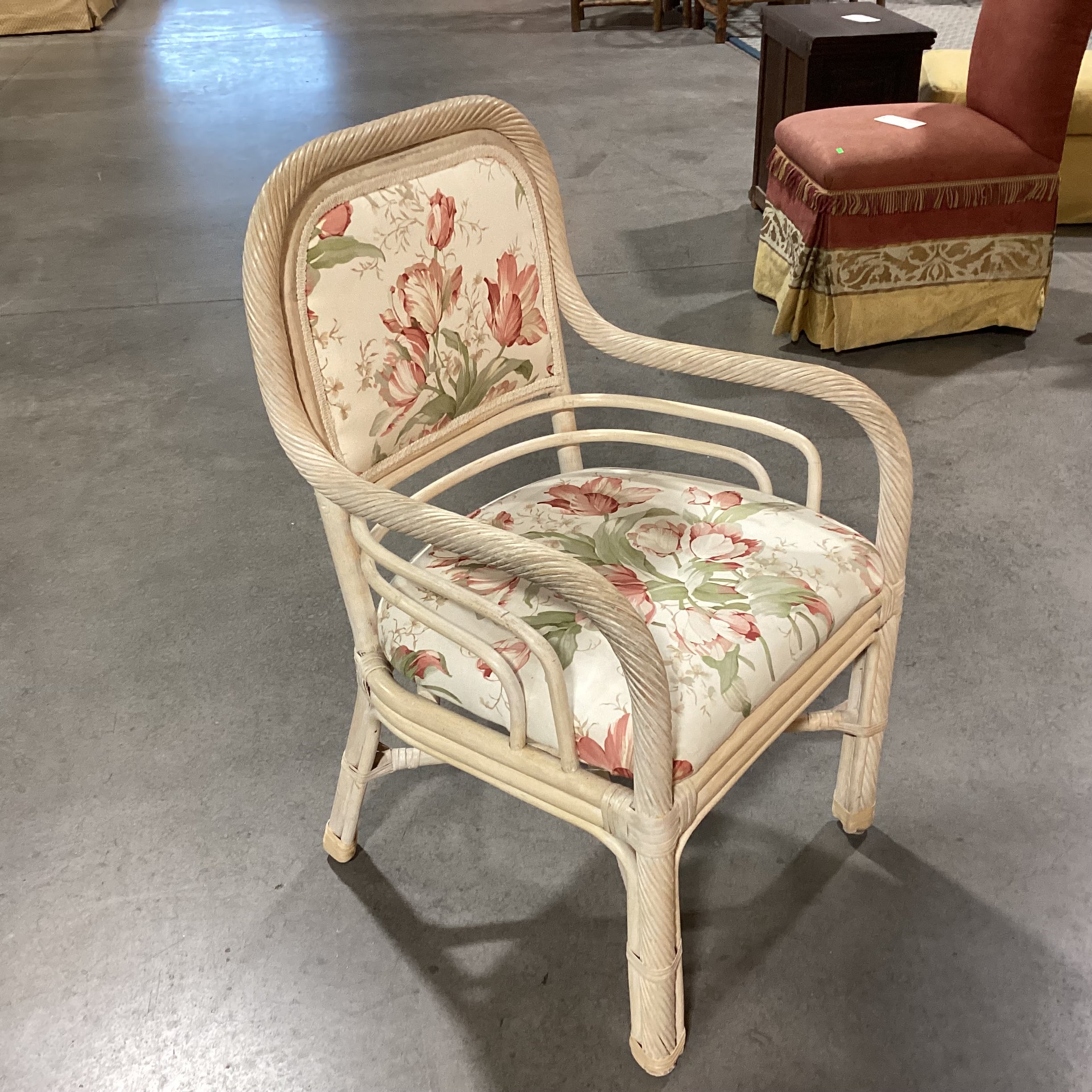 White Washed Rattan & Floral Linen Arm Chair 22"x 22"x 36.5"