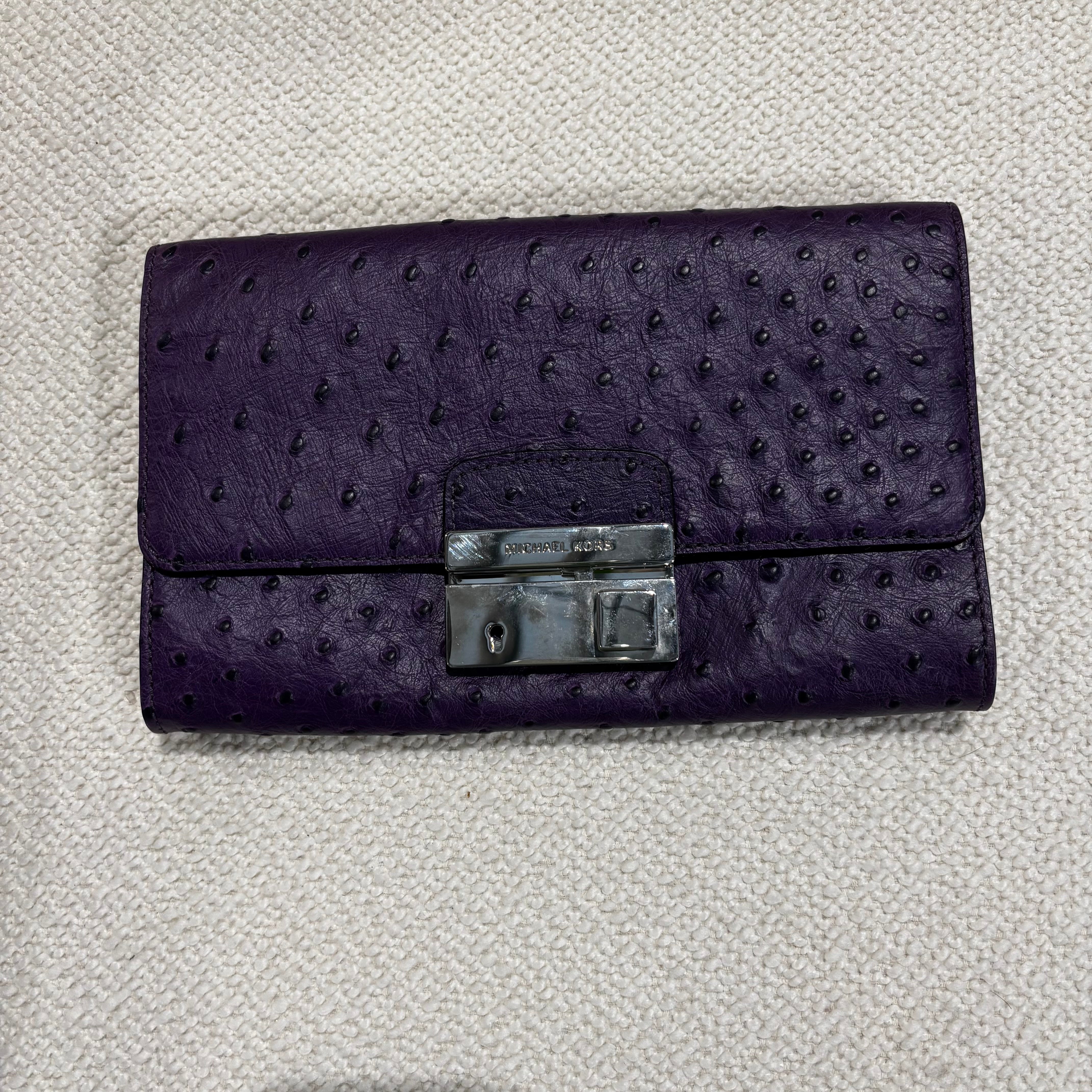 Michael Kors Gia Ostrich Embossed Purple Clutch 9.5"x 6"