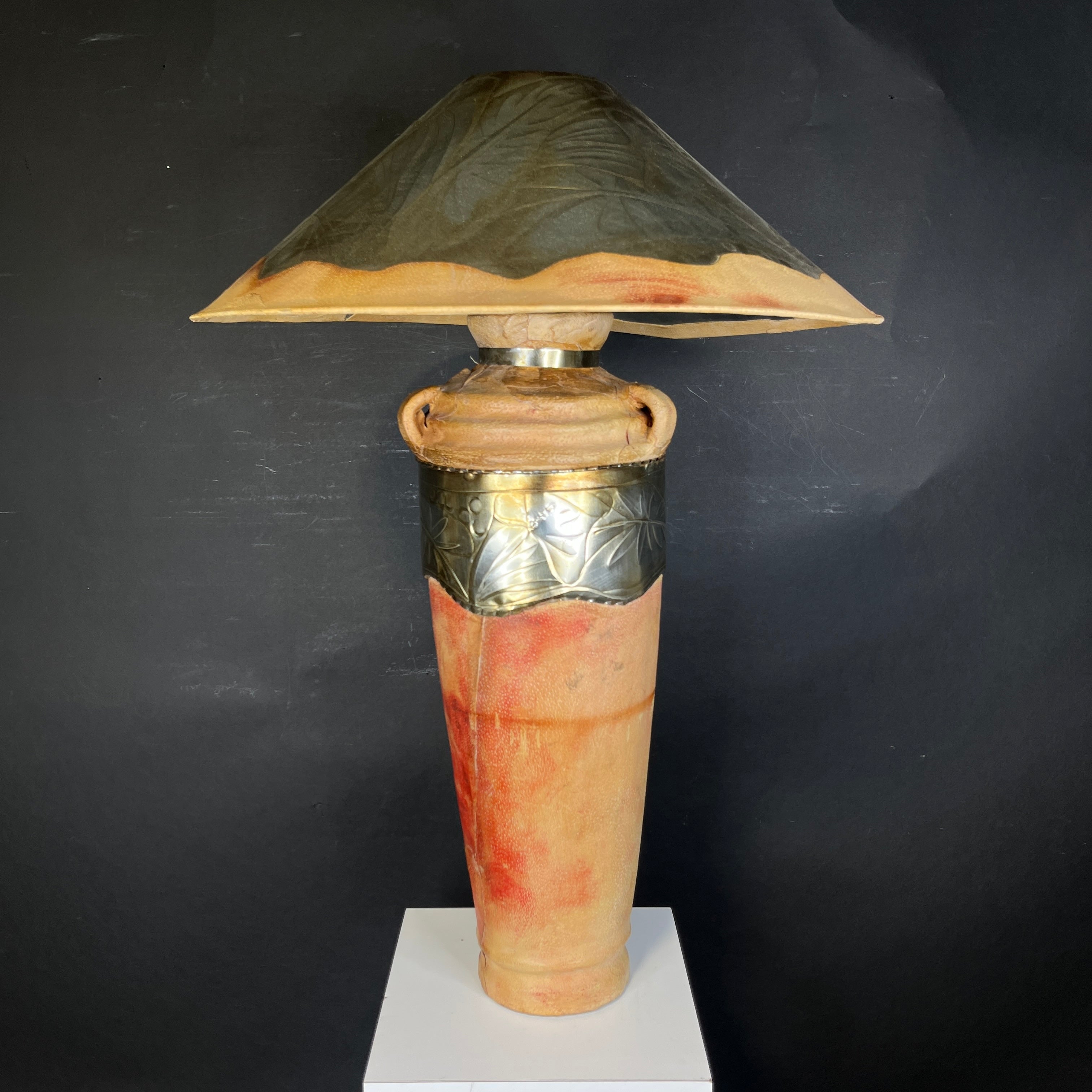 Vintage Embossed Metal and Leather Wrapped with Shade Table Lamp 24” Diameter @ Shade x 36”