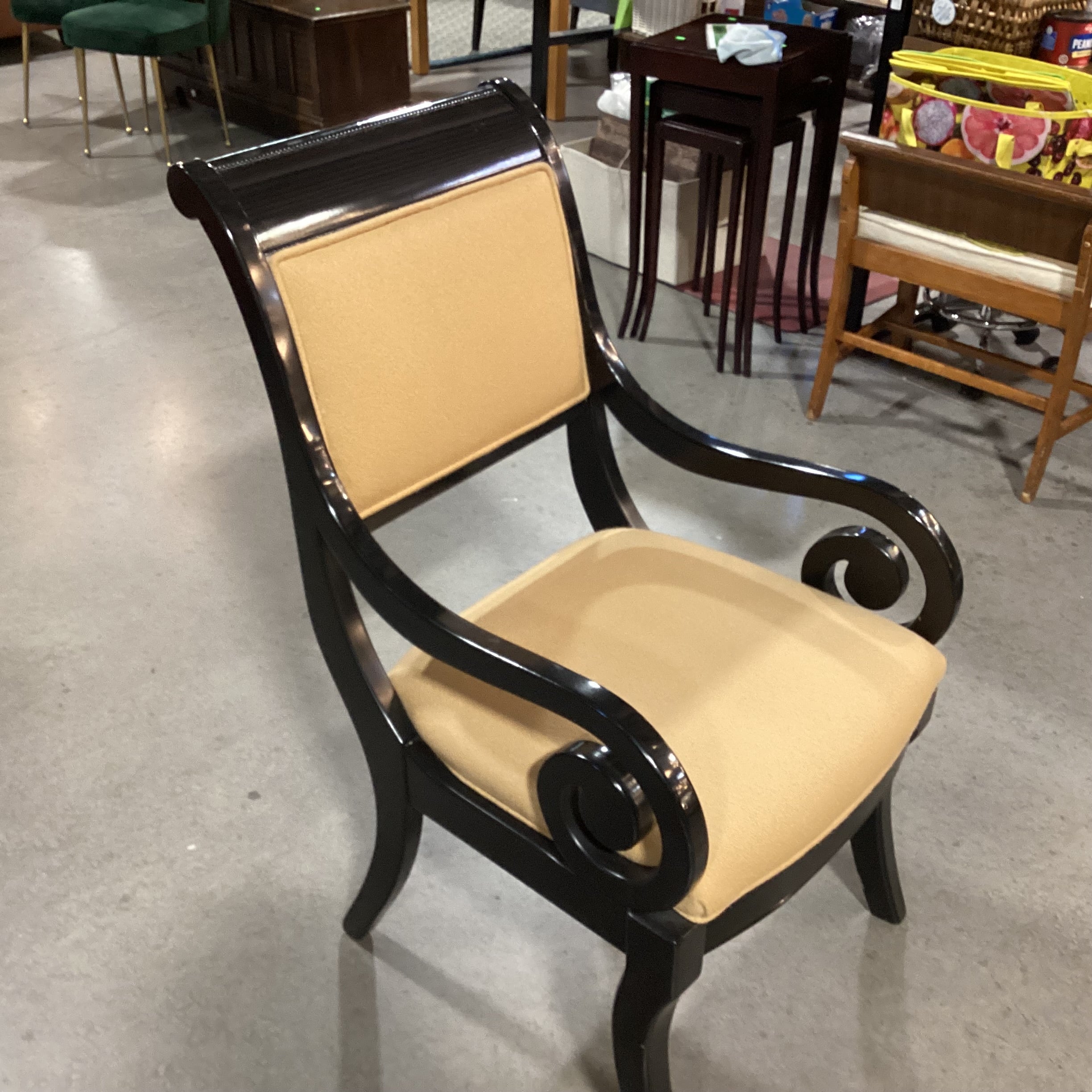 Black Lacquer with Carved Scroll Detail & Gold Texture Woven Upholstery Accent Chair 22"x 28"x 39"