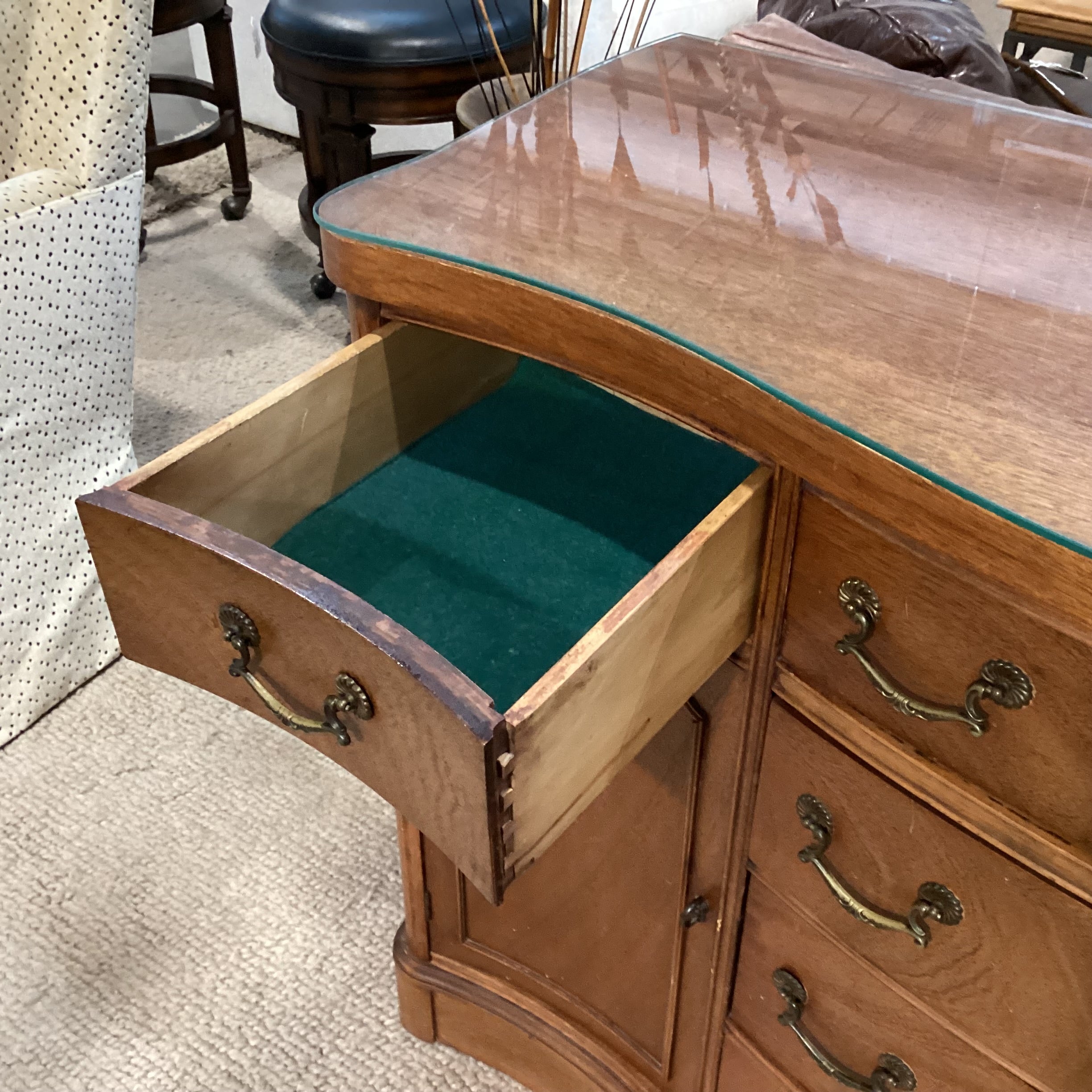 Antique Carved Wood with Molding Detail & Glass Top 2 Door 6 Drawer Sideboard 54"x 21"x 36"