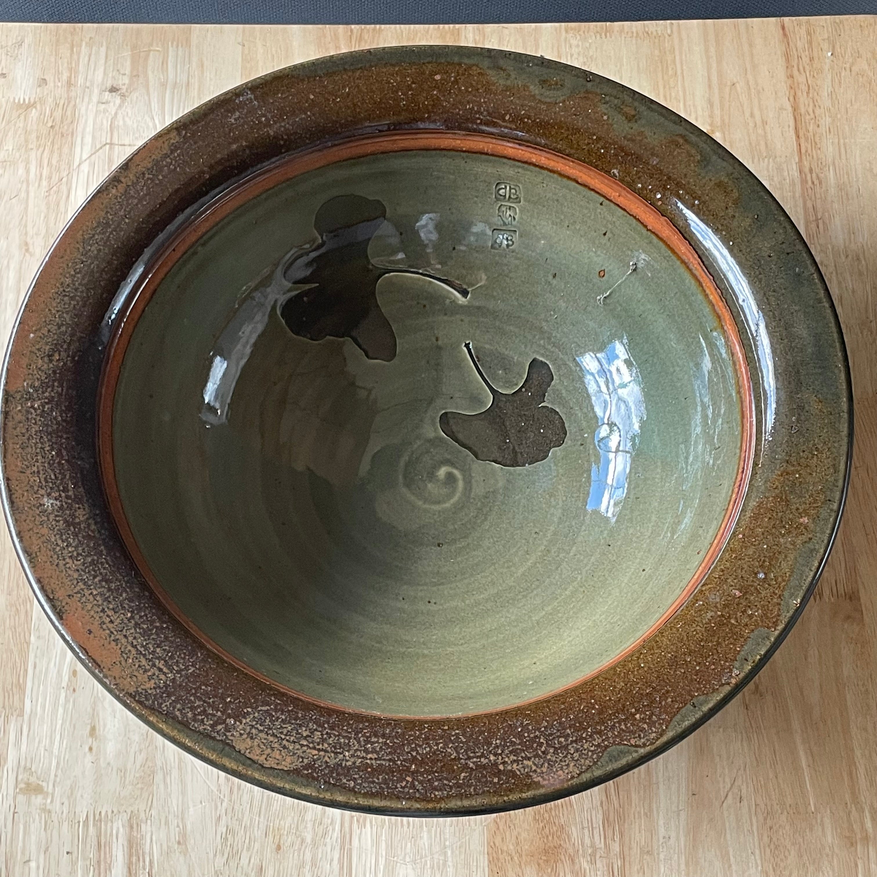 Vintage David Blaisdell Signed Large Green, Brown, Orange Glazed Bowl, 15"x 5"