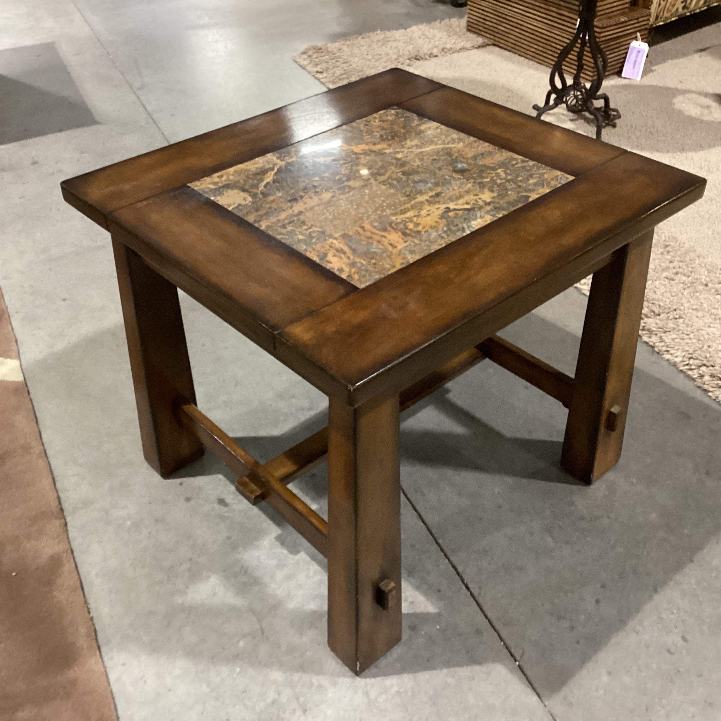 Dark Finish Wood & Faux Stone End Table 25.5"x 24"x 21.5"