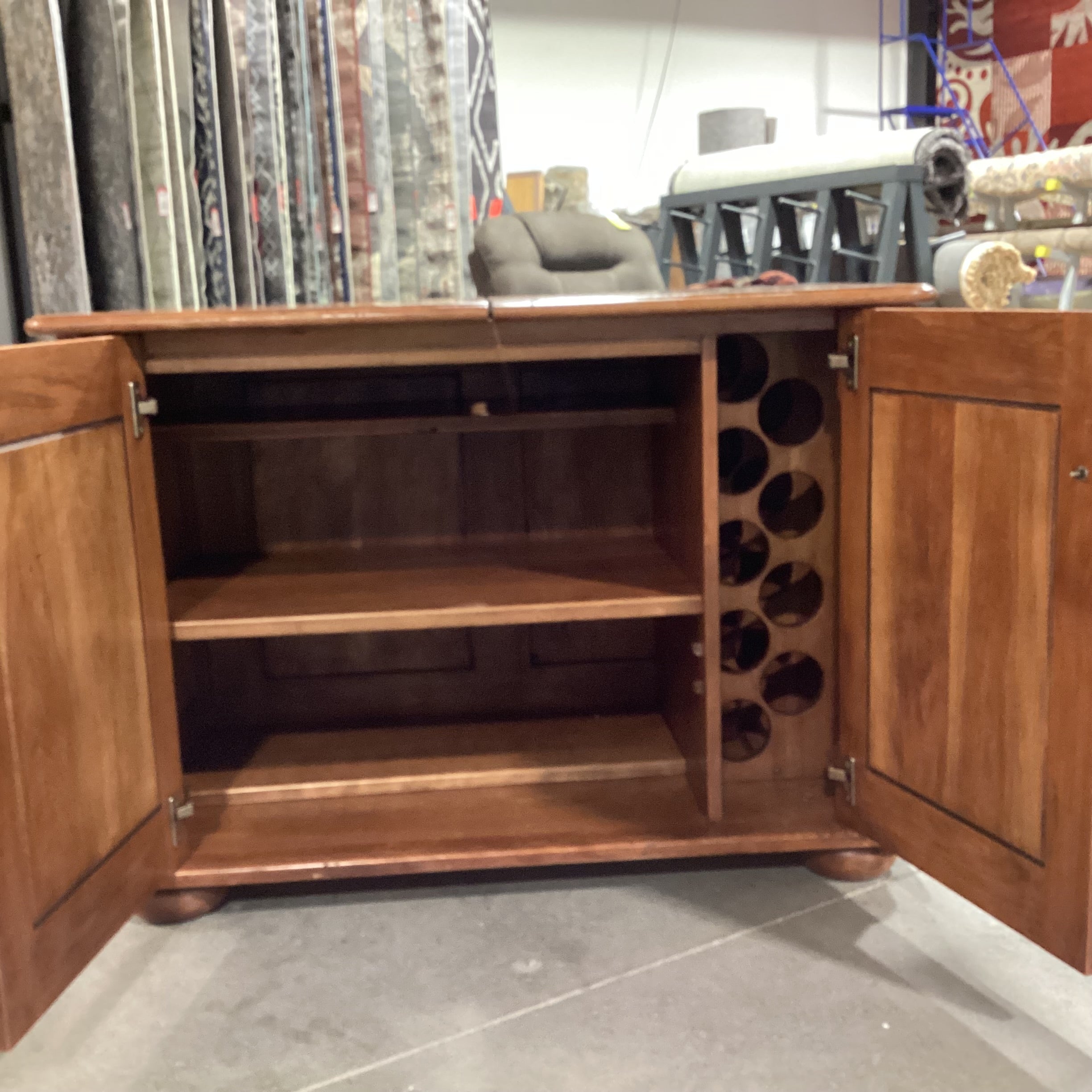 Finished Distressed Carved Wood 2 Door Slide Open Sides Top with Shelves & Wine Rack Bar Buffet 40"x 40" to 61"x 29"