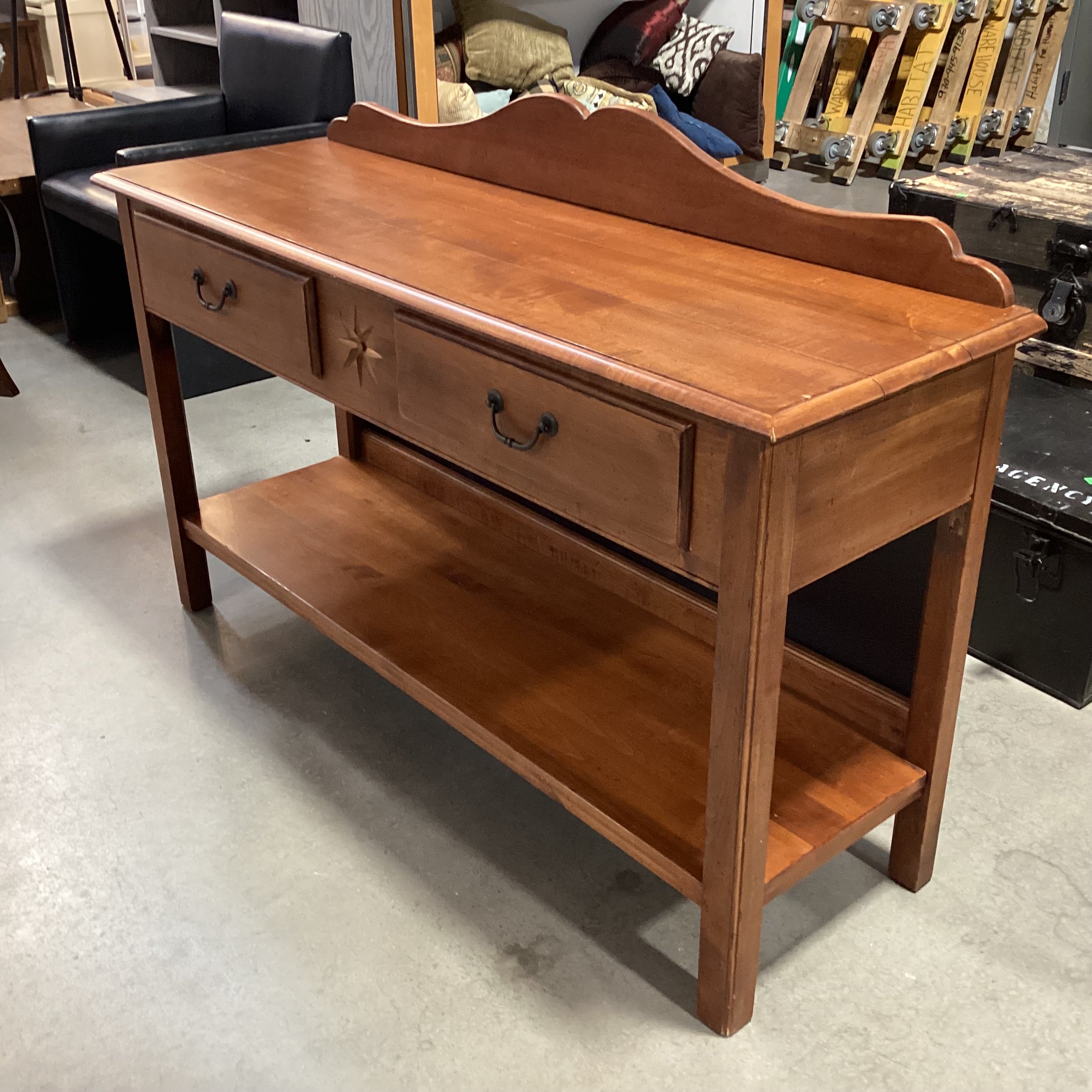 Ethan Allen Cherry Tone Finished Maple 2 Drawer with Bottom Shelf & Backsplash Sofa Table 54"x 17"