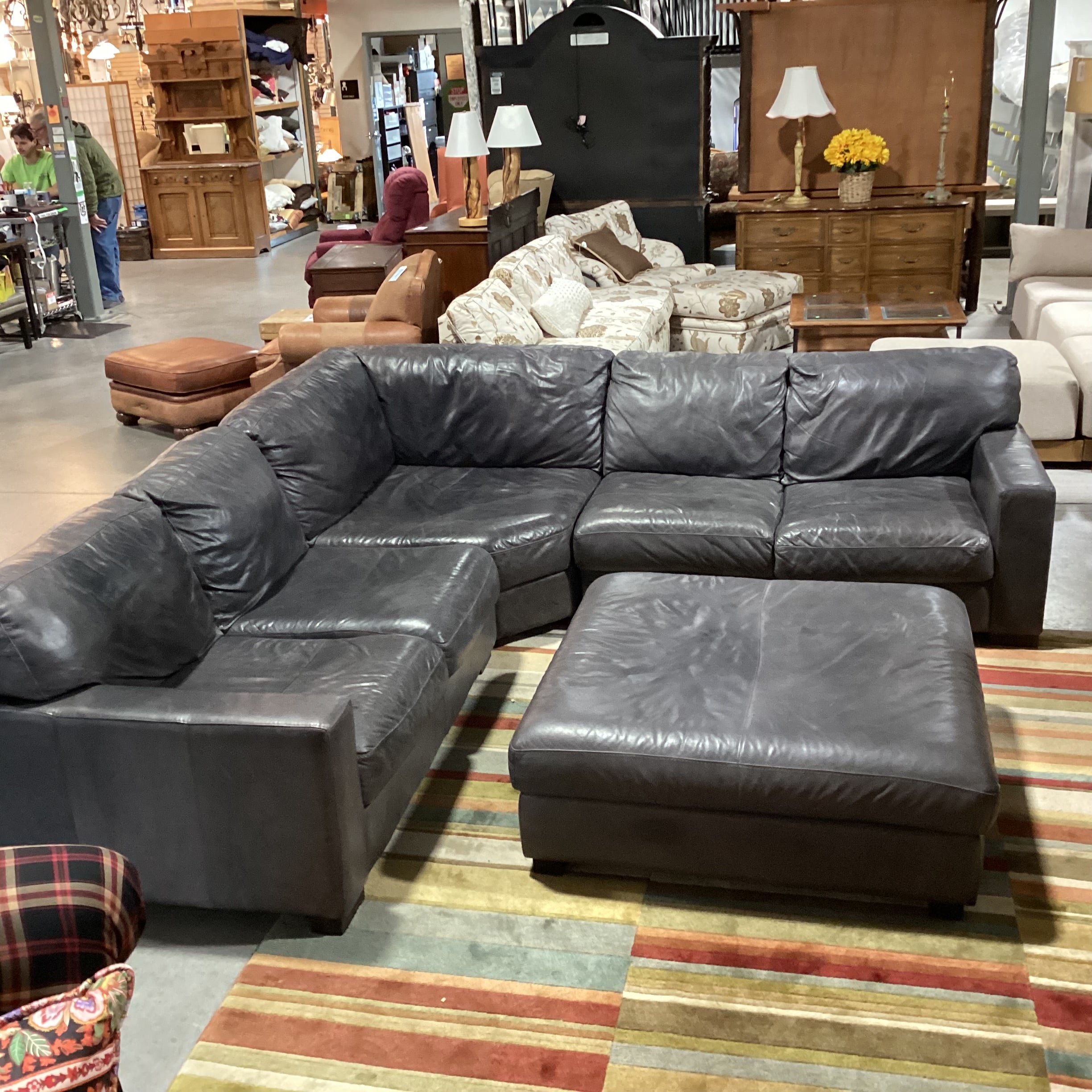Softline Made in Italy Grey Distressed Leather 4 Piece with Ottoman Sectional 111"x 111"x 42"x 33"