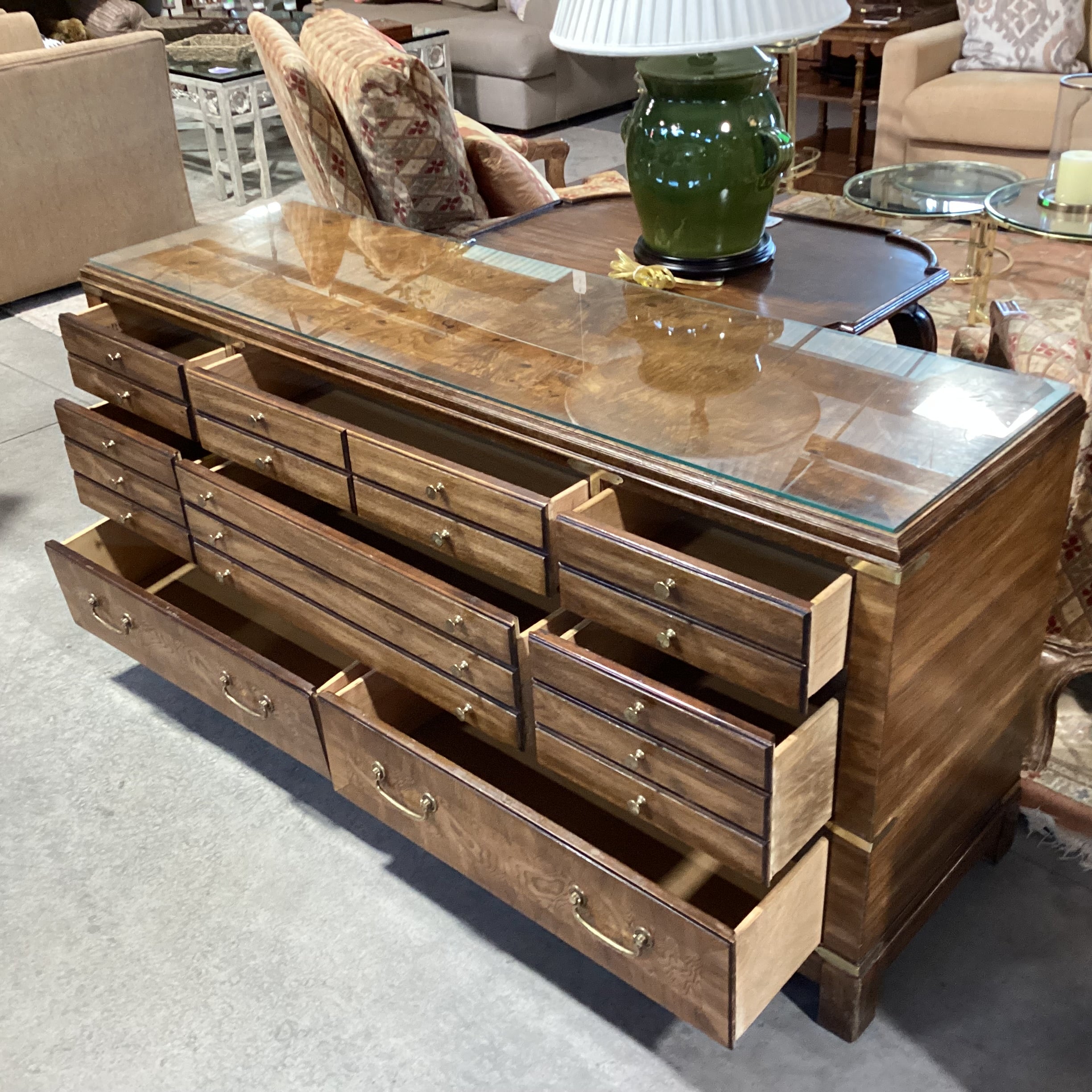 Vintage Lane Campaign Style Wood & Burl Veneer 8 Drawer with Brass Accent & Glass Top Dresser 64"x 19"x 30"