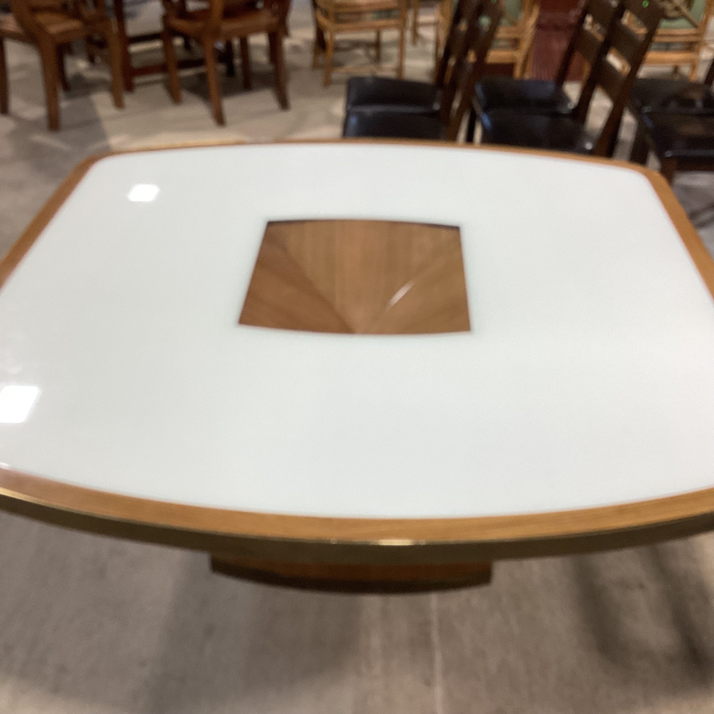 Custom Wood Veneer Brass White Lacquer & Glass Top Dining Table 66"x 66"x 29"